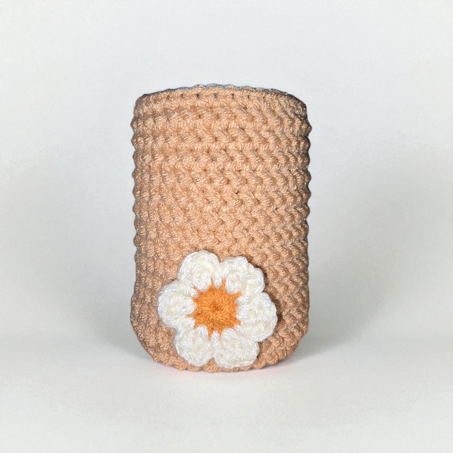 Handmade Beige Crochet Mason Jar Cozy with White Petal Flower – Farmhouse Kitchen & Rustic Table Decor