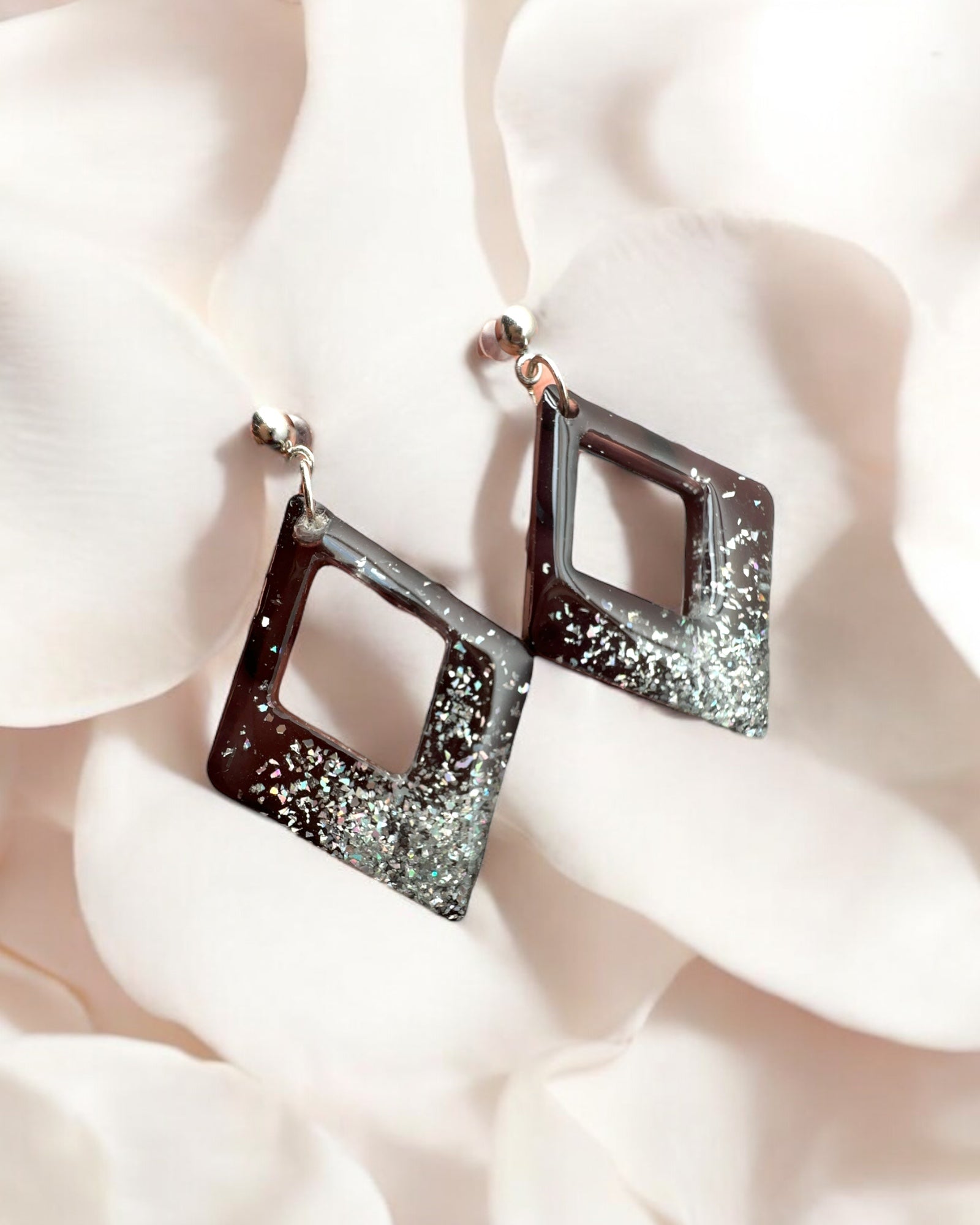 Frillmart Women's Dangle Earrings with Square Cutout - Silver with Iridescent Glitter, Lightweight Resin