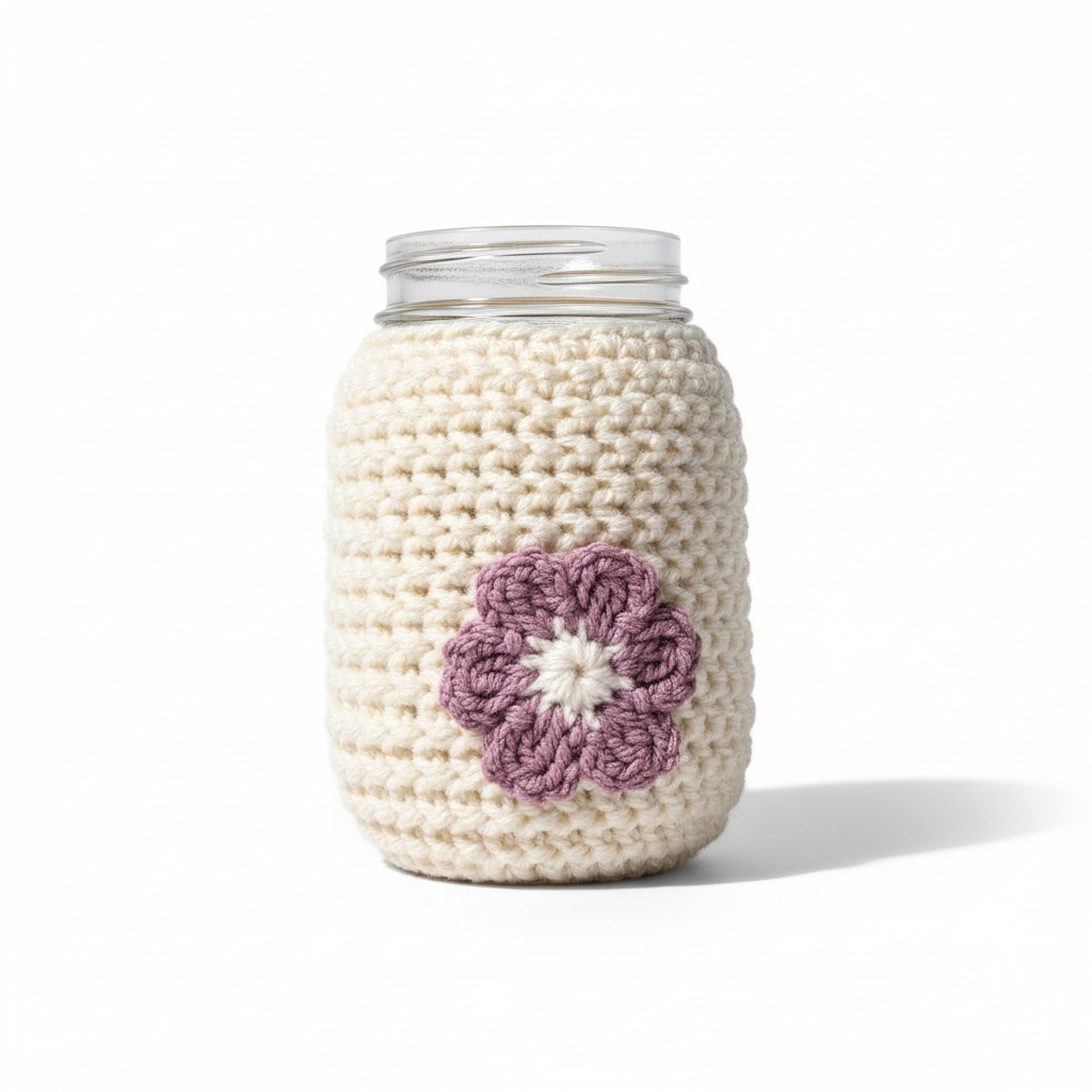 Cream Crochet Mason Jar Cozy with Mauve Flower – Handmade Jar Sleeve