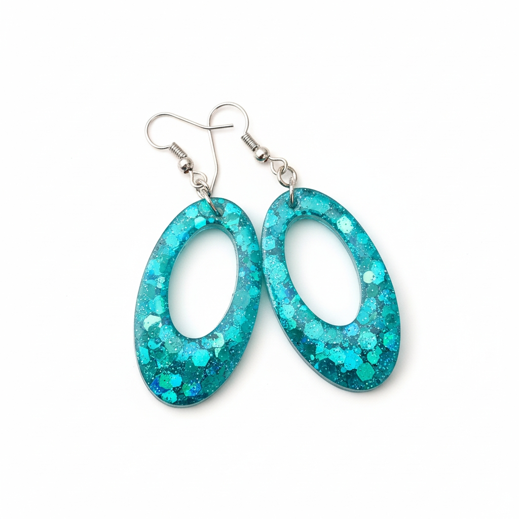 Frillmart Women's Handmade Resin Earrings - Sparkling Teal Oval Drop Dangles with Silver Hooks (Medium Size)