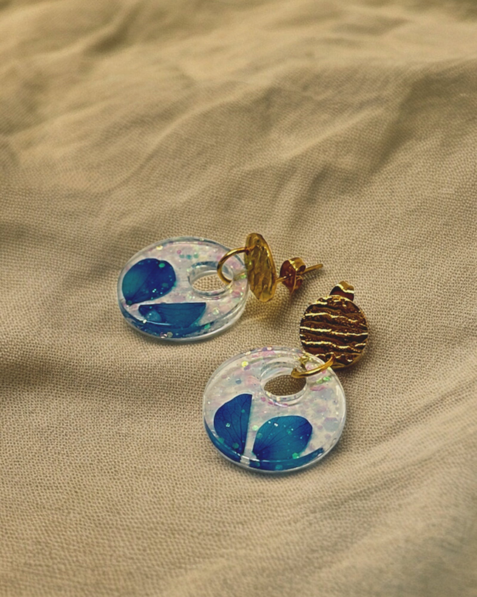 Frillmart Women's Dangle Earrings - Blue Petal Resin, Circular, Gold Accents, Glitter Inclusions, Statement Jewelry