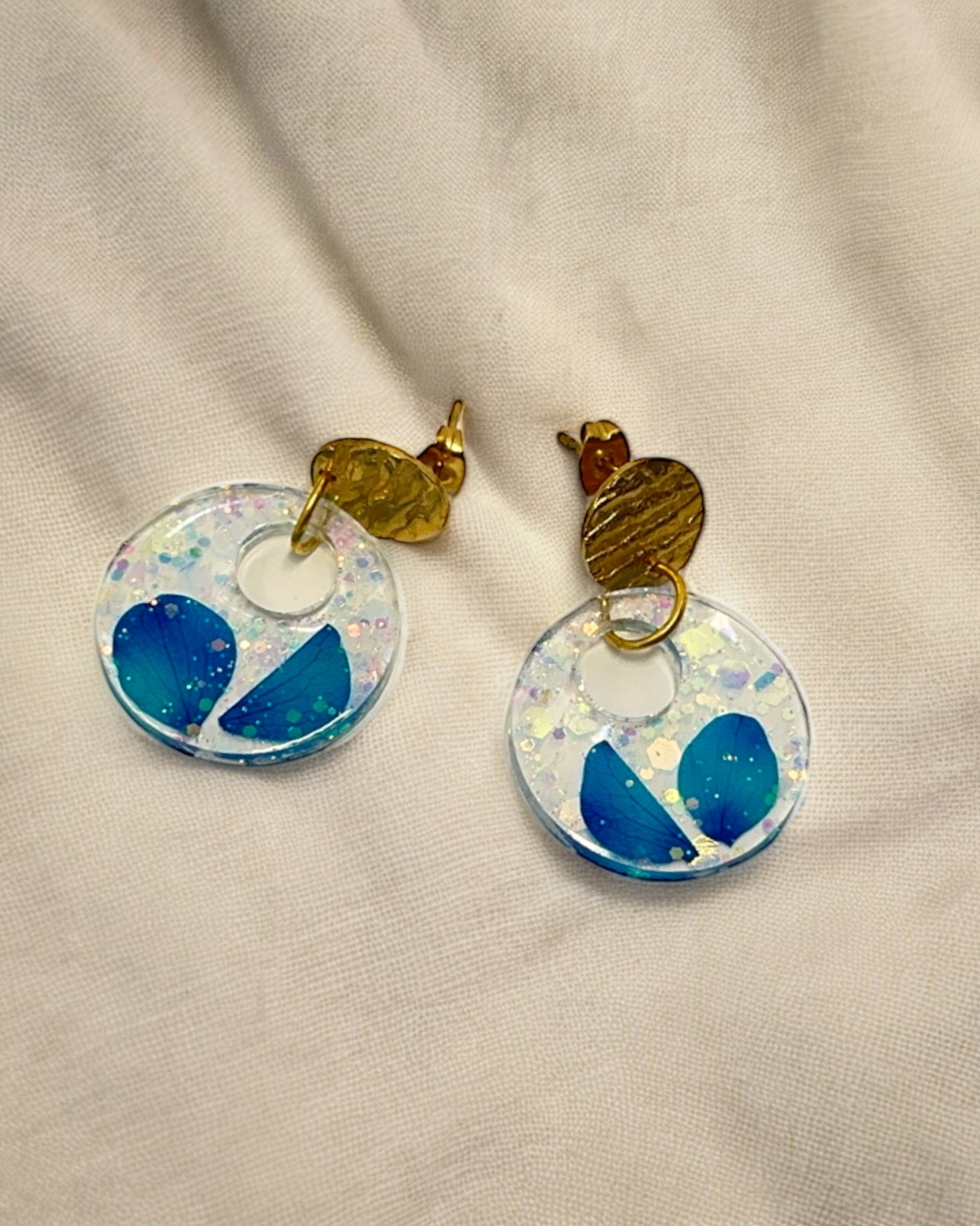 Frillmart Women's Dangle Earrings - Blue Petal Resin, Circular, Gold Accents, Glitter Inclusions, Statement Jewelry