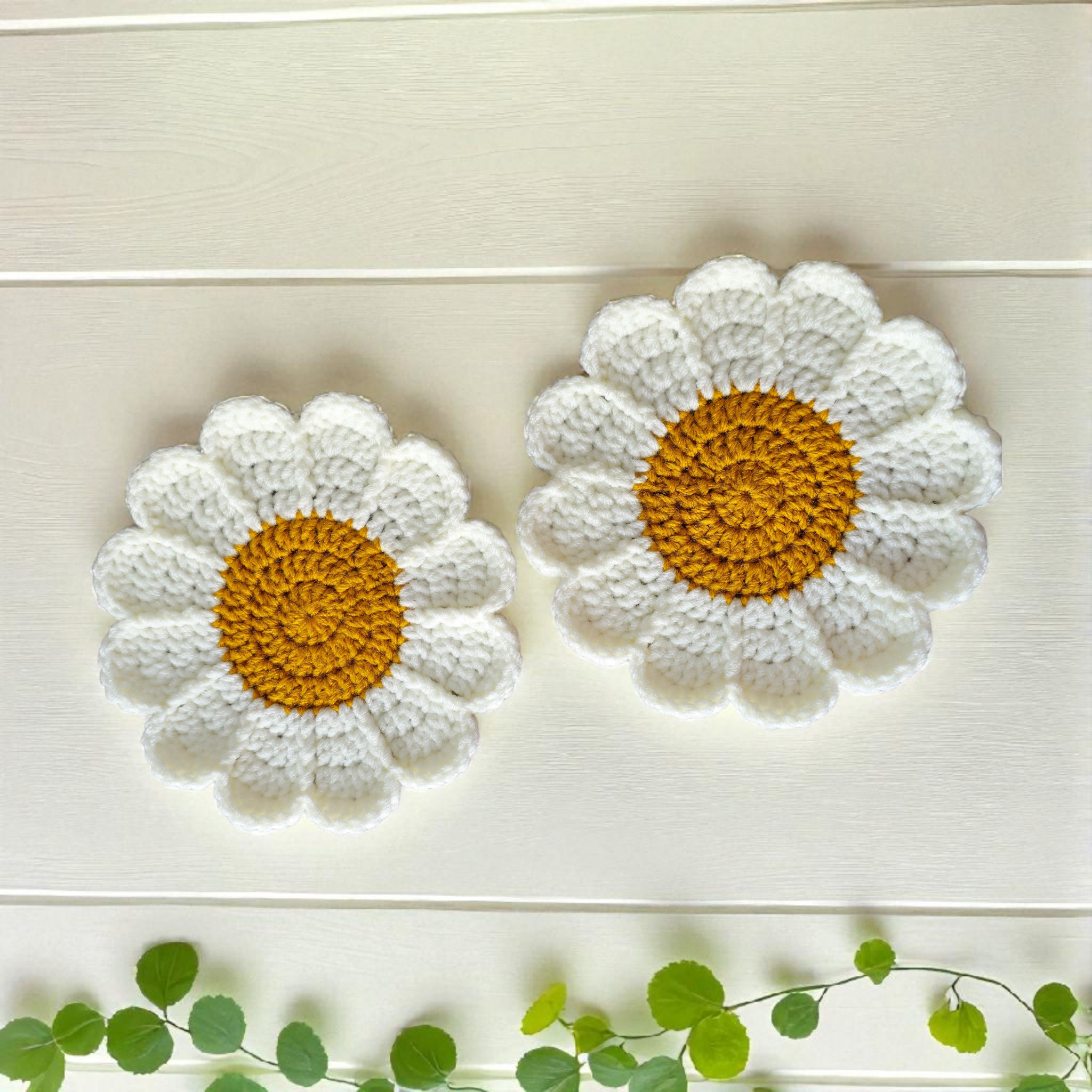 Crochet Coasters - Daisy Flower Design, Yellow & White, Handmade, Set of 2, 7-Inch Diameter