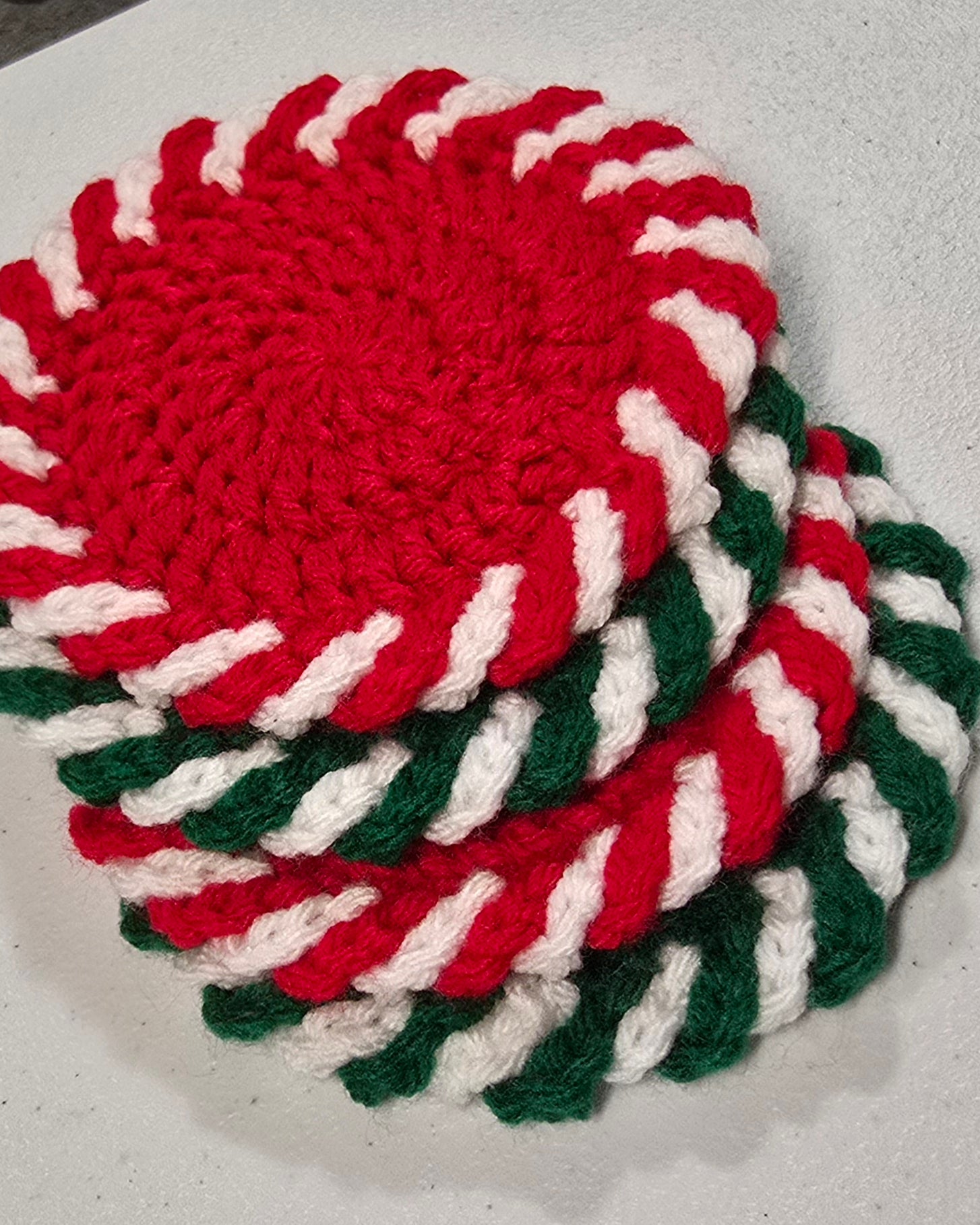 Crochet Coasters Set of 4 - Red & Green Peppermint Swirl Design, Handmade Decor, Holiday Table Accessories