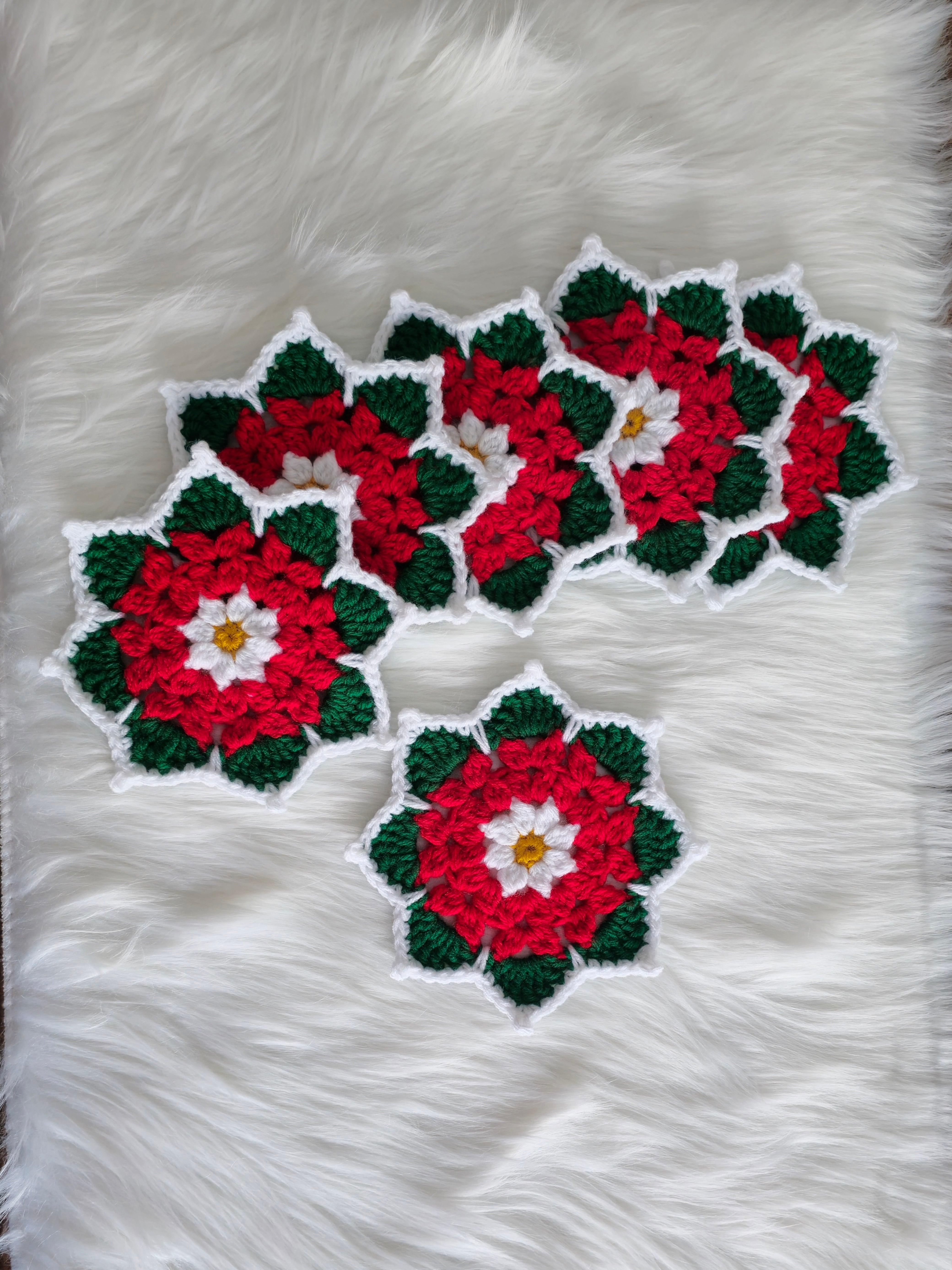 Poinsettia Flower Crochet Coaster Set | Set of 2