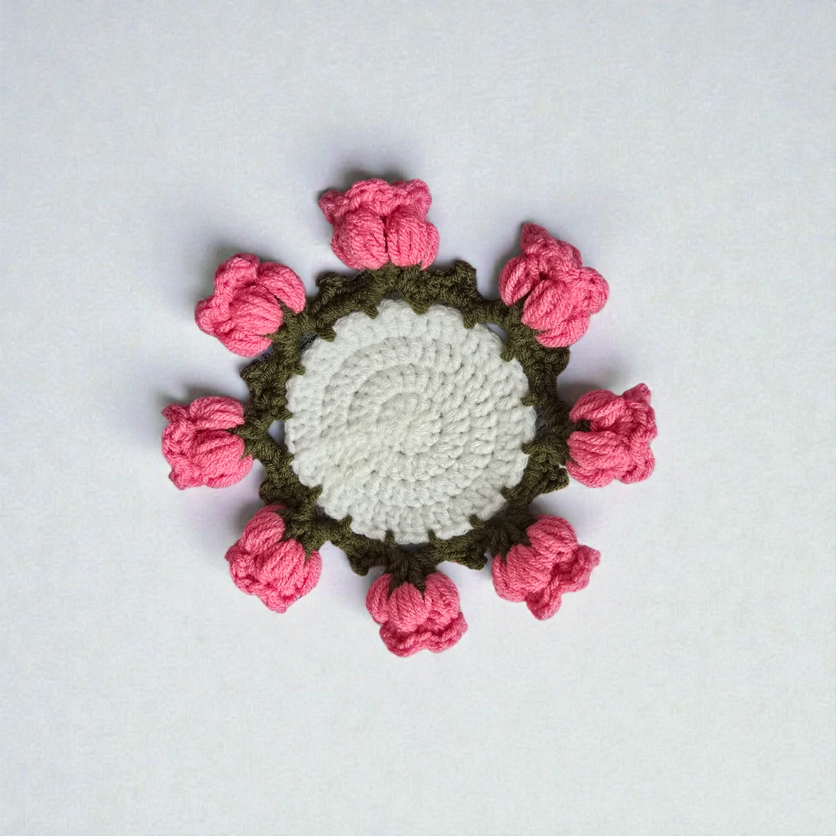 Handmade Crochet Floral Coaster – Pink Rosebud Design | Decorative Mug Coaster