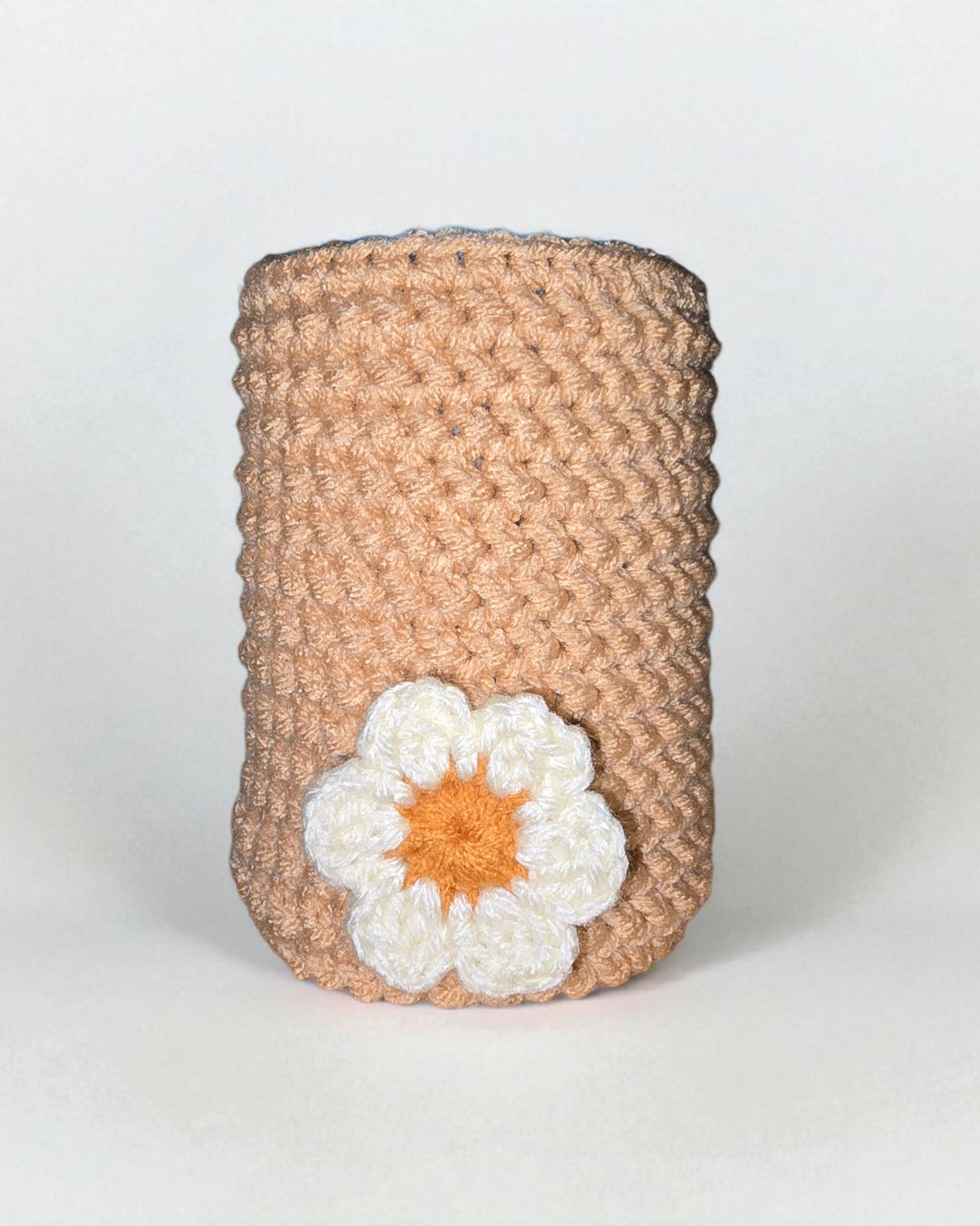 Handmade Beige Crochet Mason Jar Cozy with White Petal Flower – Farmhouse Kitchen & Rustic Table Decor
