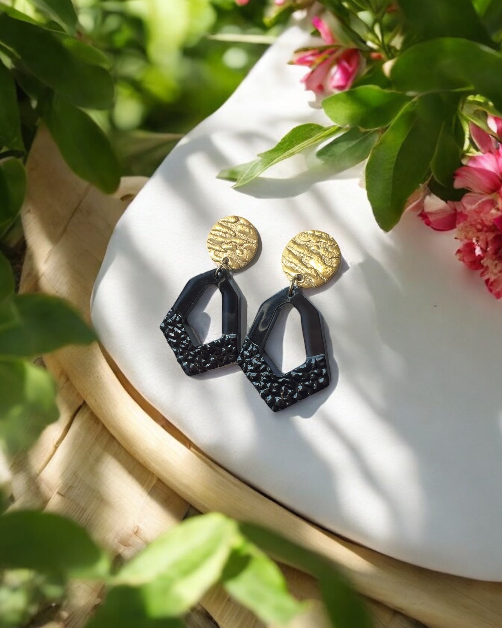 Frillmart Women's Geometric Dangle Earrings - Black and Gold, Textured Resin and Metal Design