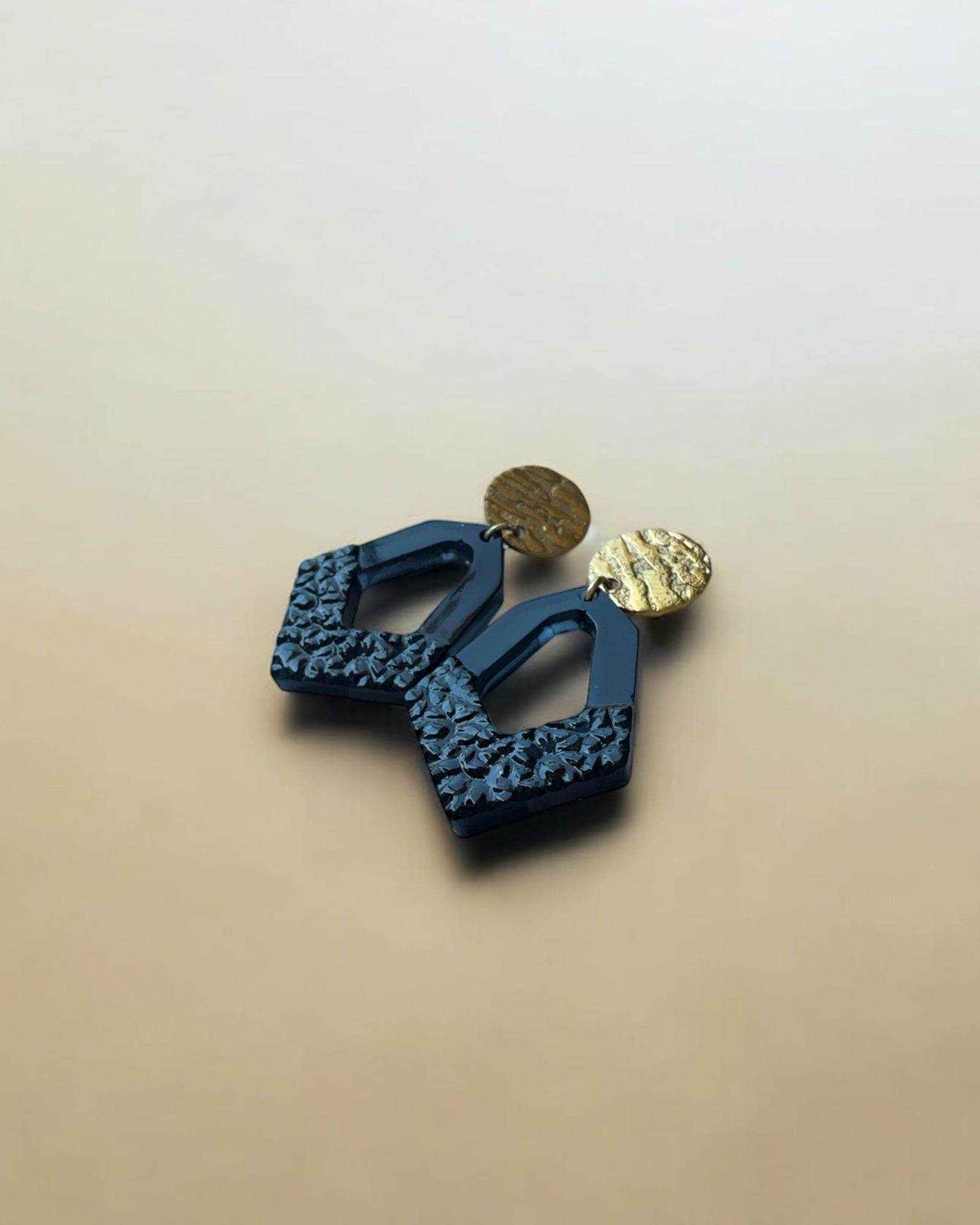 Frillmart Women's Geometric Dangle Earrings - Black and Gold, Textured Resin and Metal Design