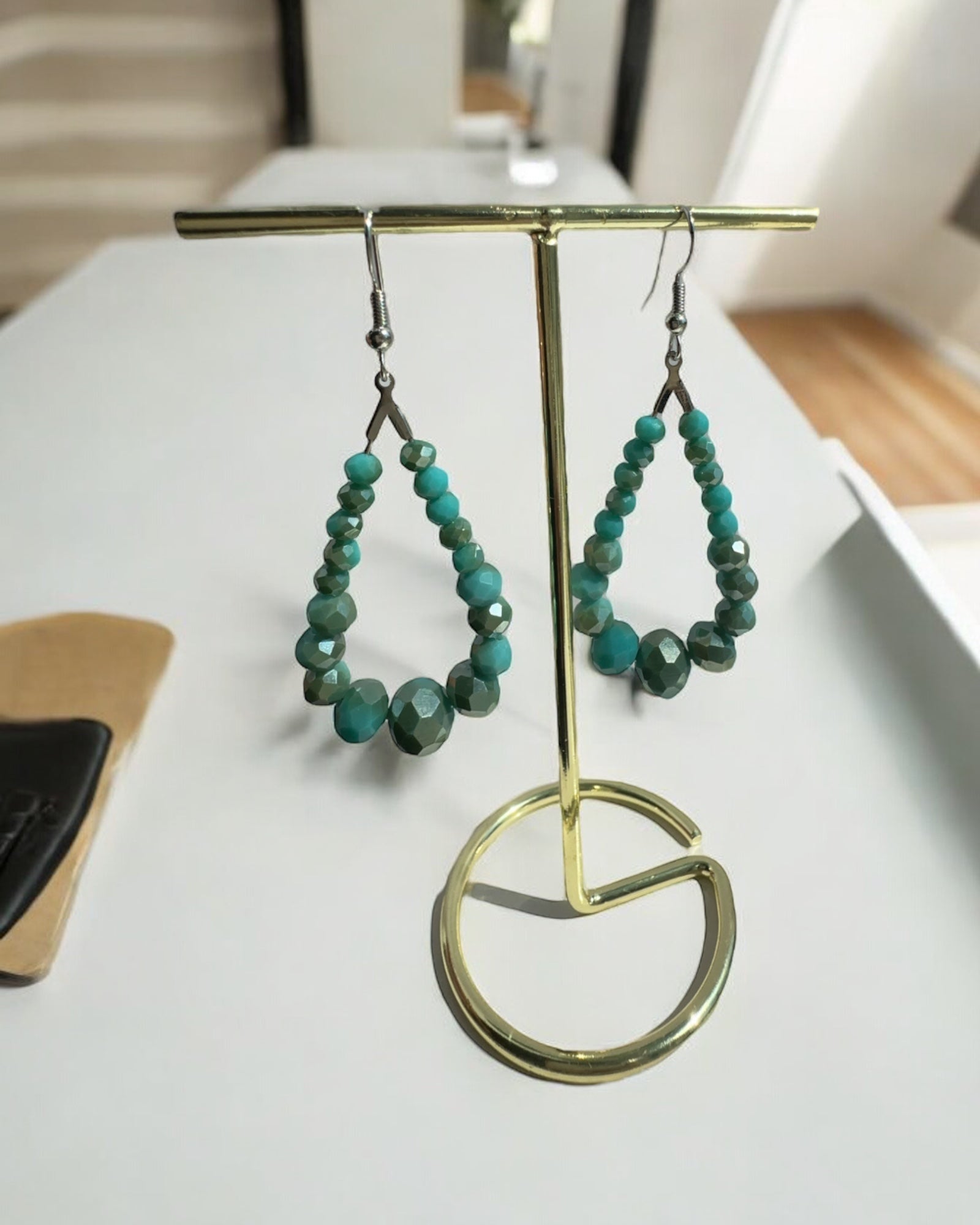 Frillmart Women's Teardrop Hoop Earrings - Turquoise and Gold Beaded, Medium, Metal and Crystal Beads