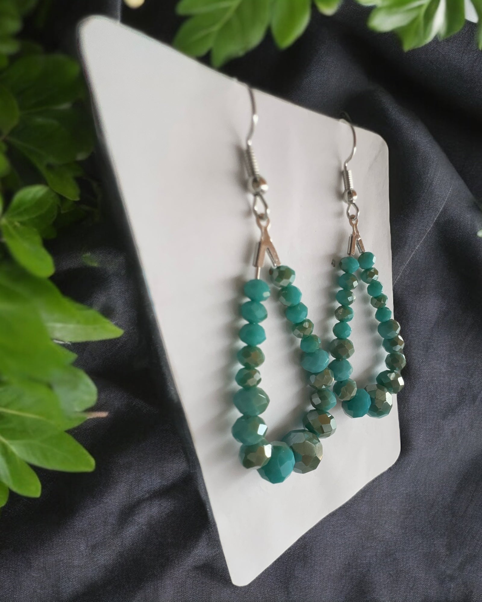 Frillmart Women's Teardrop Hoop Earrings - Turquoise and Gold Beaded, Medium, Metal and Crystal Beads