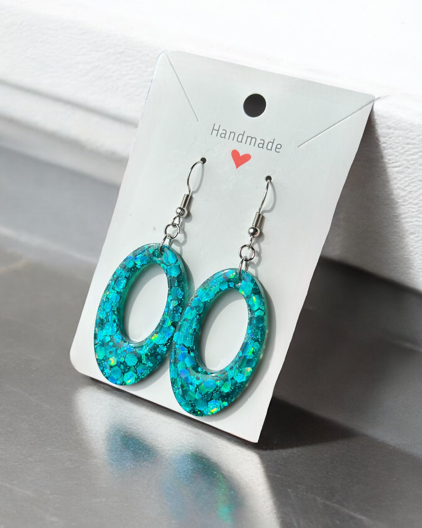 Frillmart Women's Handmade Resin Earrings - Sparkling Teal Oval Drop Dangles with Silver Hooks (Medium Size)