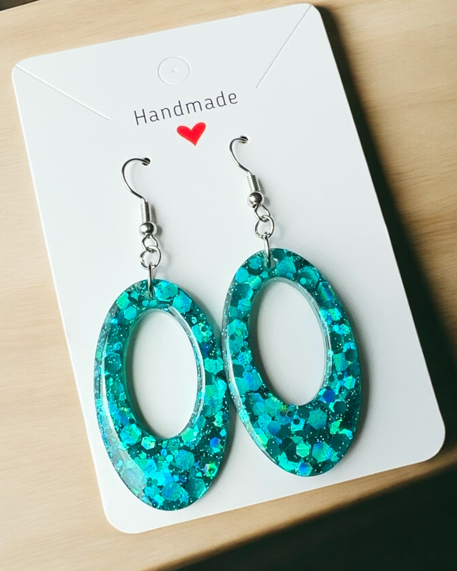 Frillmart Women's Handmade Resin Earrings - Sparkling Teal Oval Drop Dangles with Silver Hooks (Medium Size)