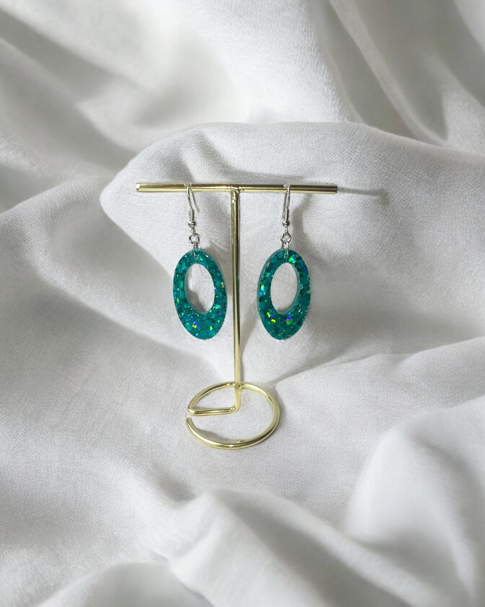 Frillmart Women's Handmade Resin Earrings - Sparkling Teal Oval Drop Dangles with Silver Hooks (Medium Size)