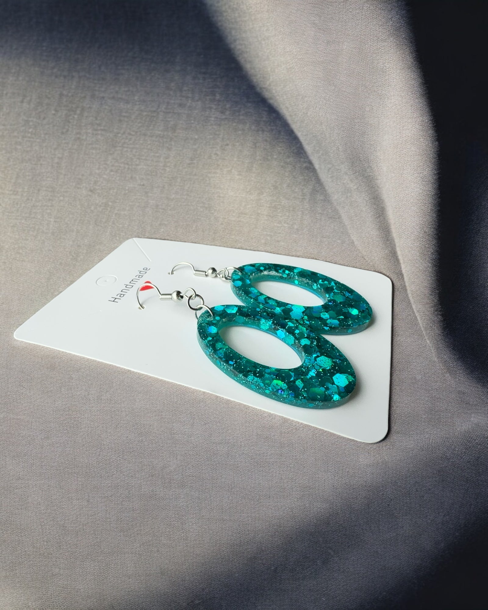 Frillmart Women's Handmade Resin Earrings - Sparkling Teal Oval Drop Dangles with Silver Hooks (Medium Size)