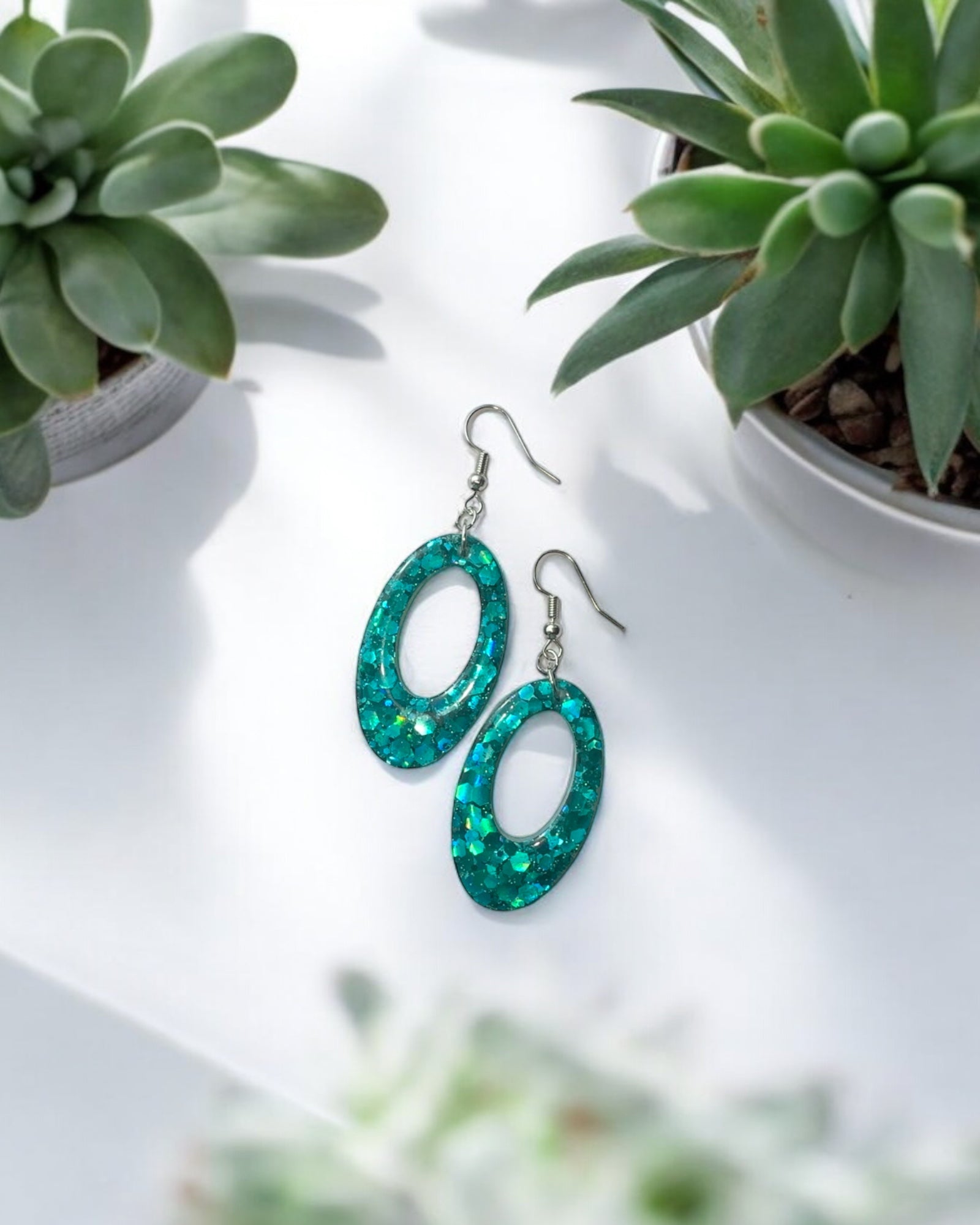 Frillmart Women's Handmade Resin Earrings - Sparkling Teal Oval Drop Dangles with Silver Hooks (Medium Size)