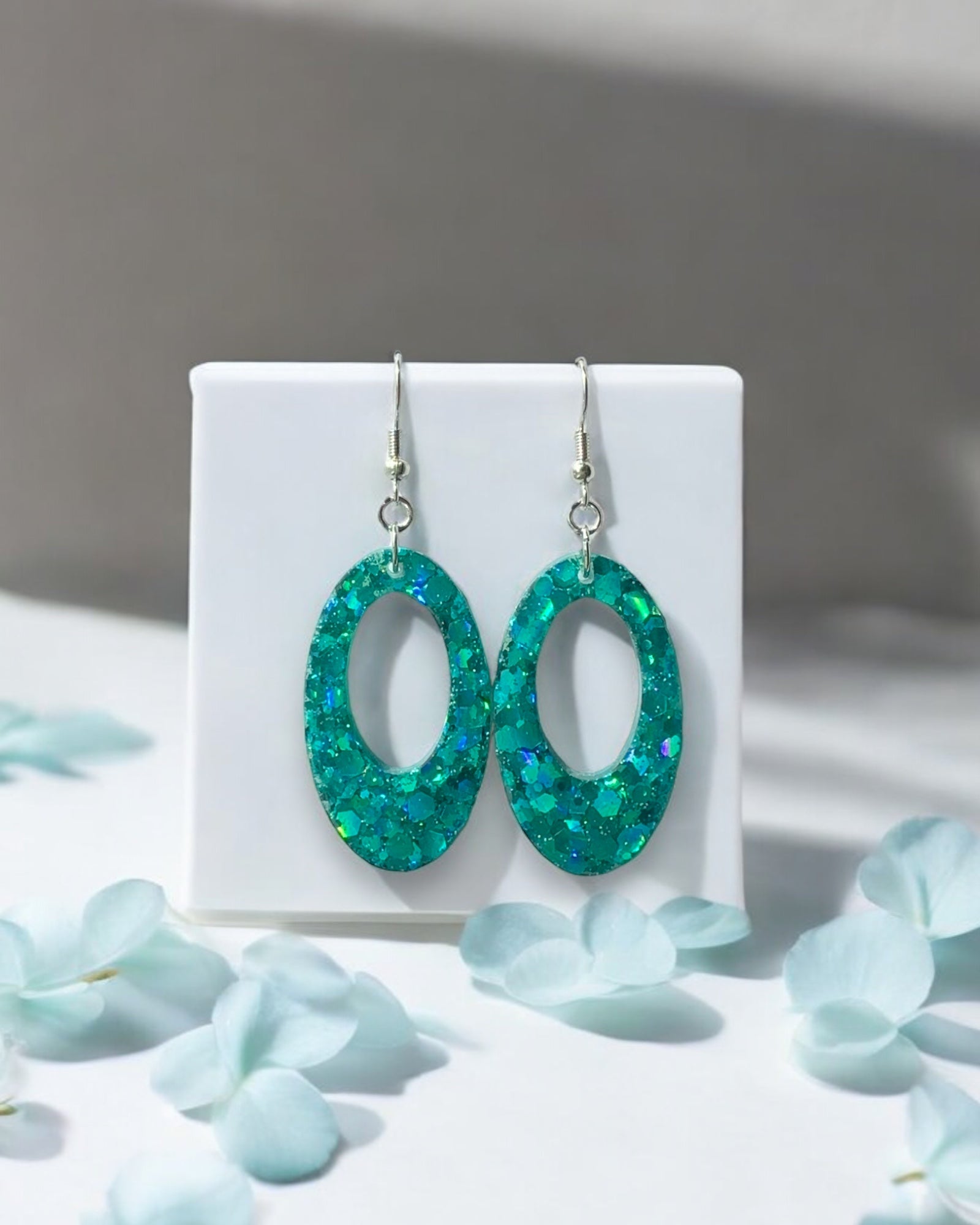 Frillmart Women's Handmade Resin Earrings - Sparkling Teal Oval Drop Dangles with Silver Hooks (Medium Size)