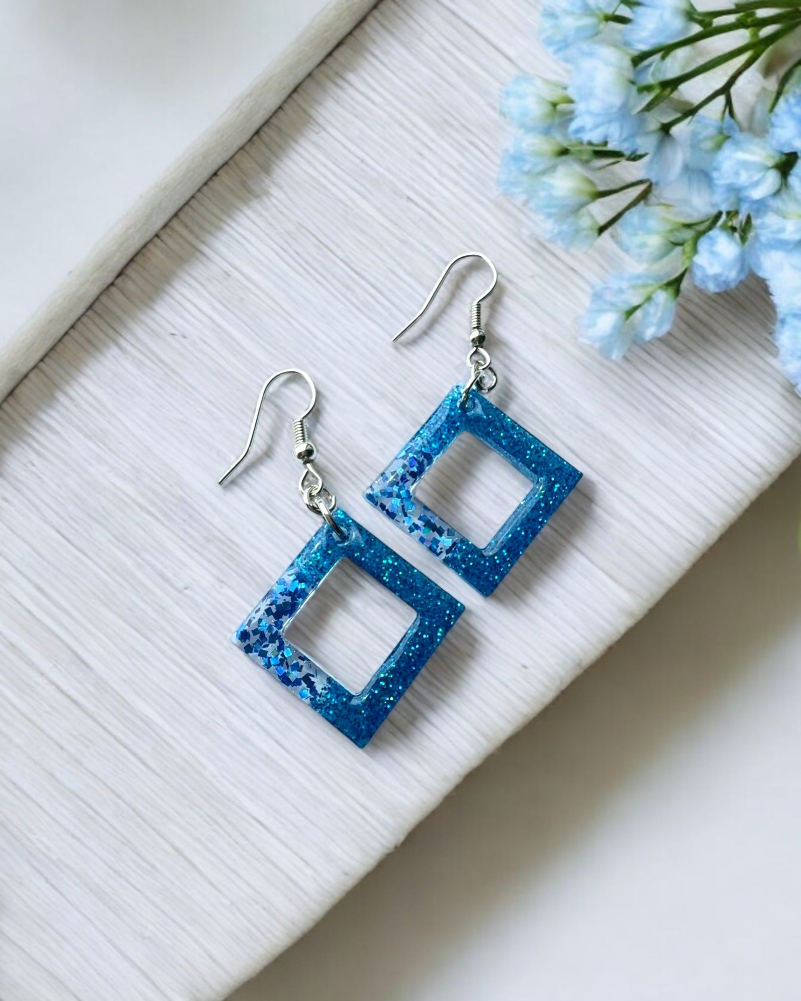 Frillmart Women's Earrings Square Dangle Blue Glitter Resin 2-inch Lightweight