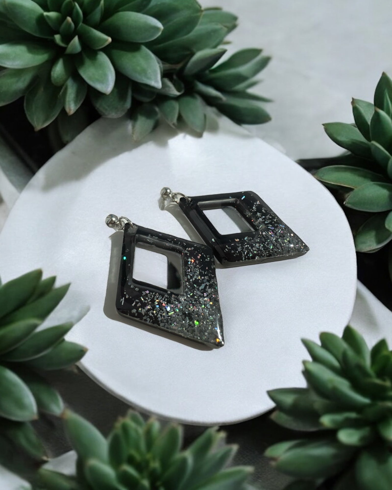 Frillmart Women's Dangle Earrings with Square Cutout - Silver with Iridescent Glitter, Lightweight Resin