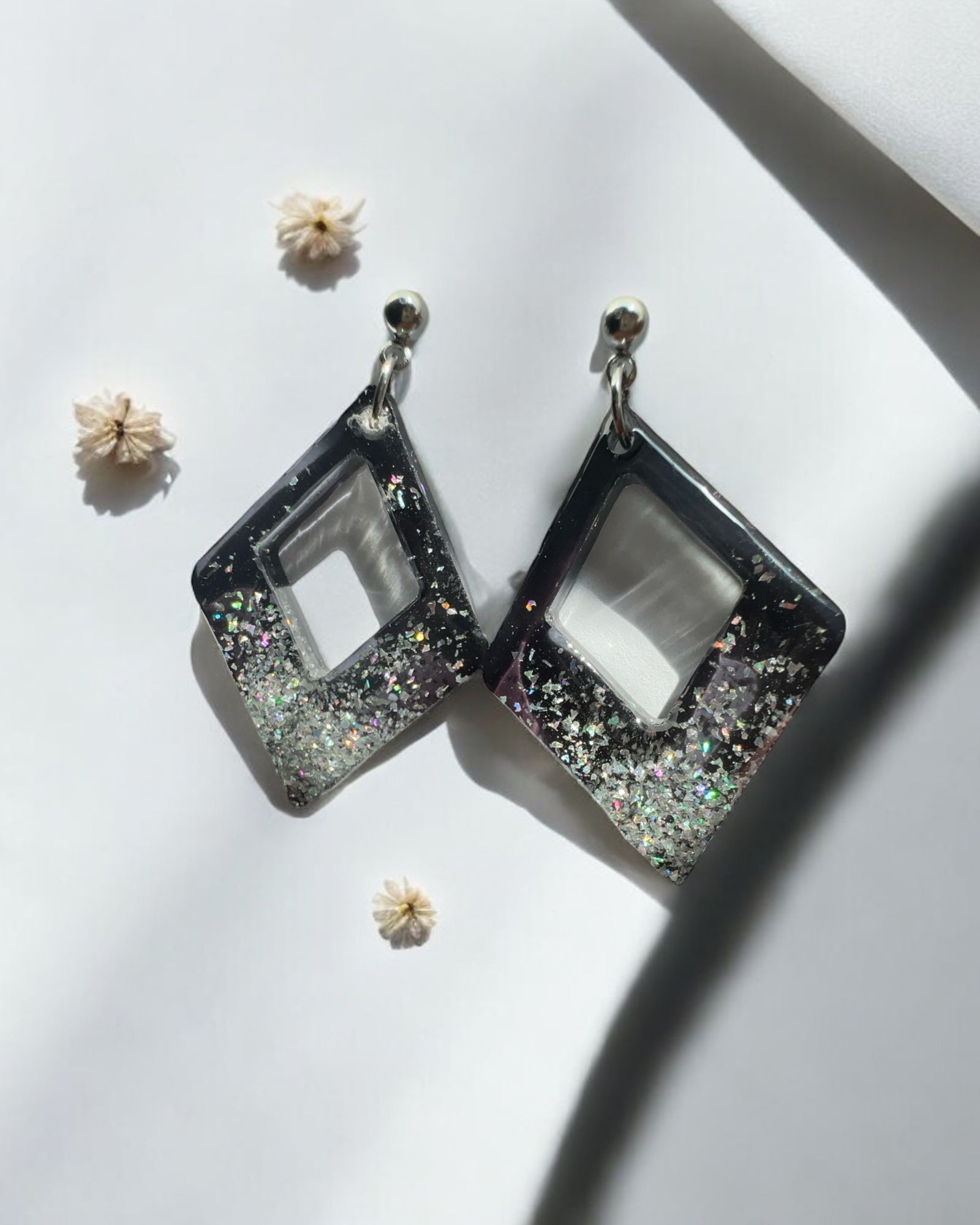 Frillmart Women's Dangle Earrings with Square Cutout - Silver with Iridescent Glitter, Lightweight Resin