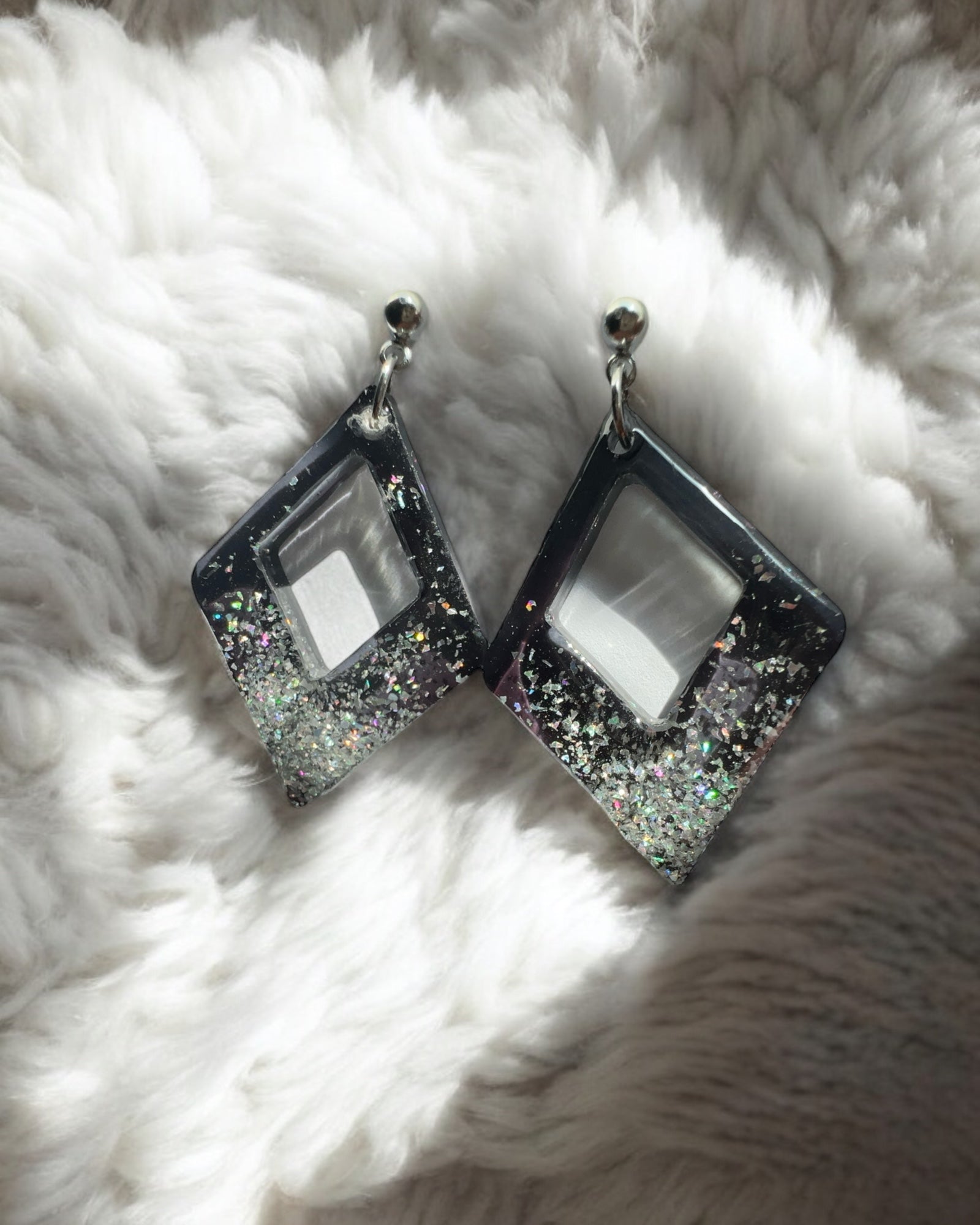 Frillmart Women's Dangle Earrings with Square Cutout - Silver with Iridescent Glitter, Lightweight Resin