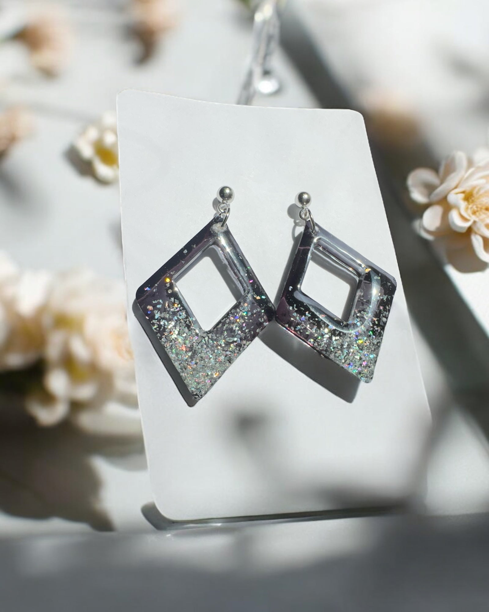 Frillmart Women's Dangle Earrings with Square Cutout - Silver with Iridescent Glitter, Lightweight Resin