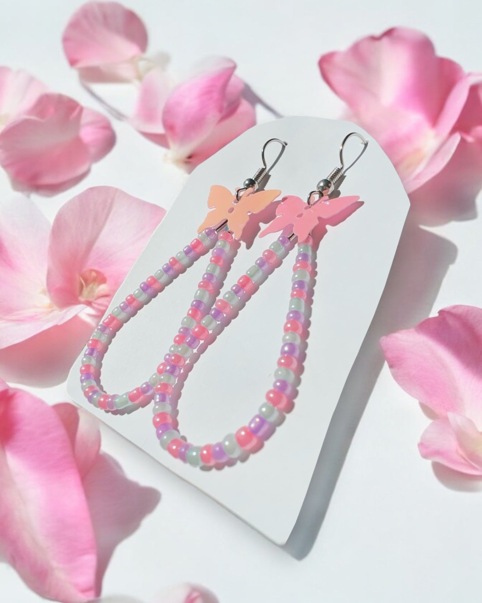 Frillmart Women's Beaded Hoop Earrings with Butterfly Charm - Pink, White, and Orange, Handcrafted Beads