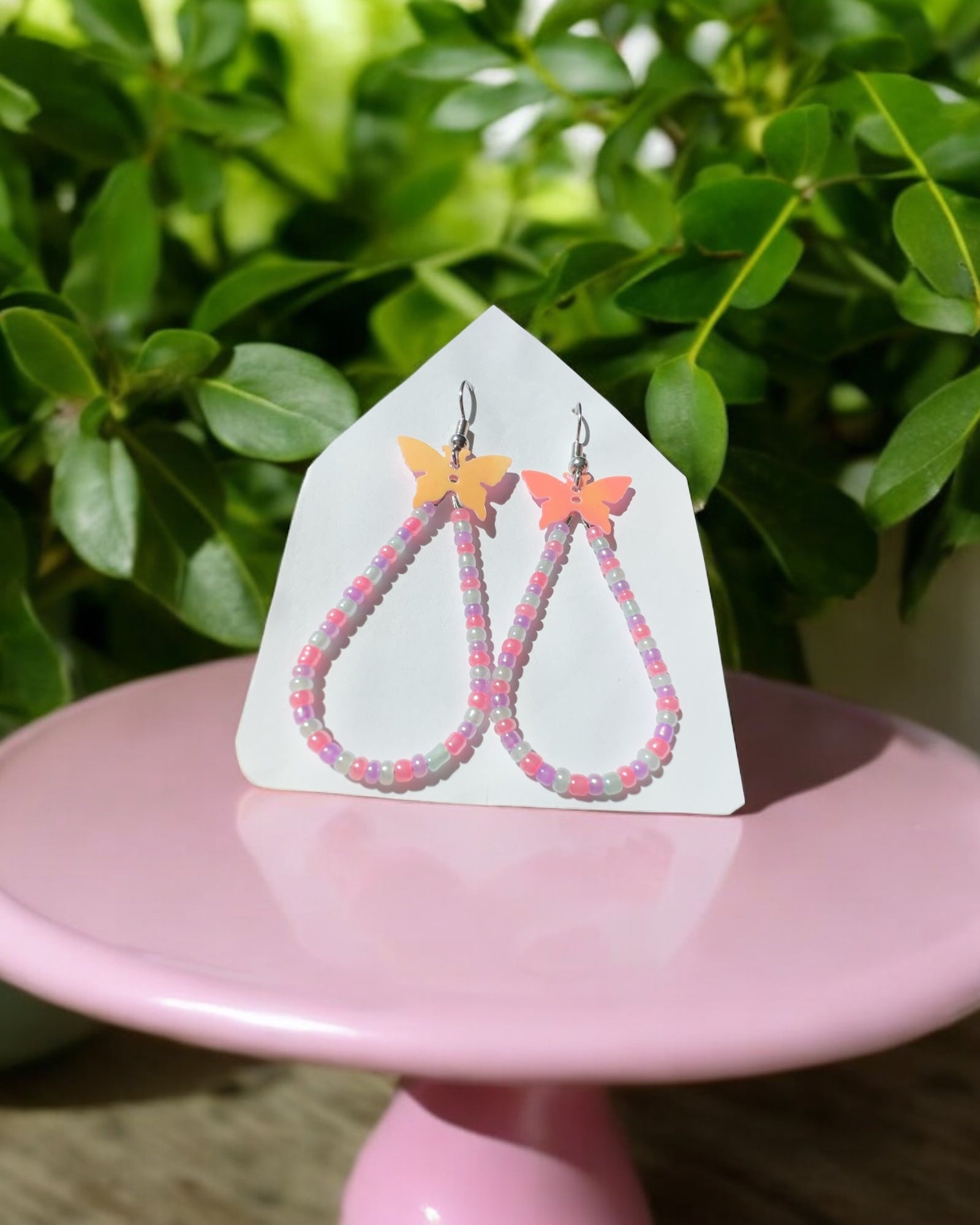 Frillmart Women's Beaded Hoop Earrings with Butterfly Charm - Pink, White, and Orange, Handcrafted Beads