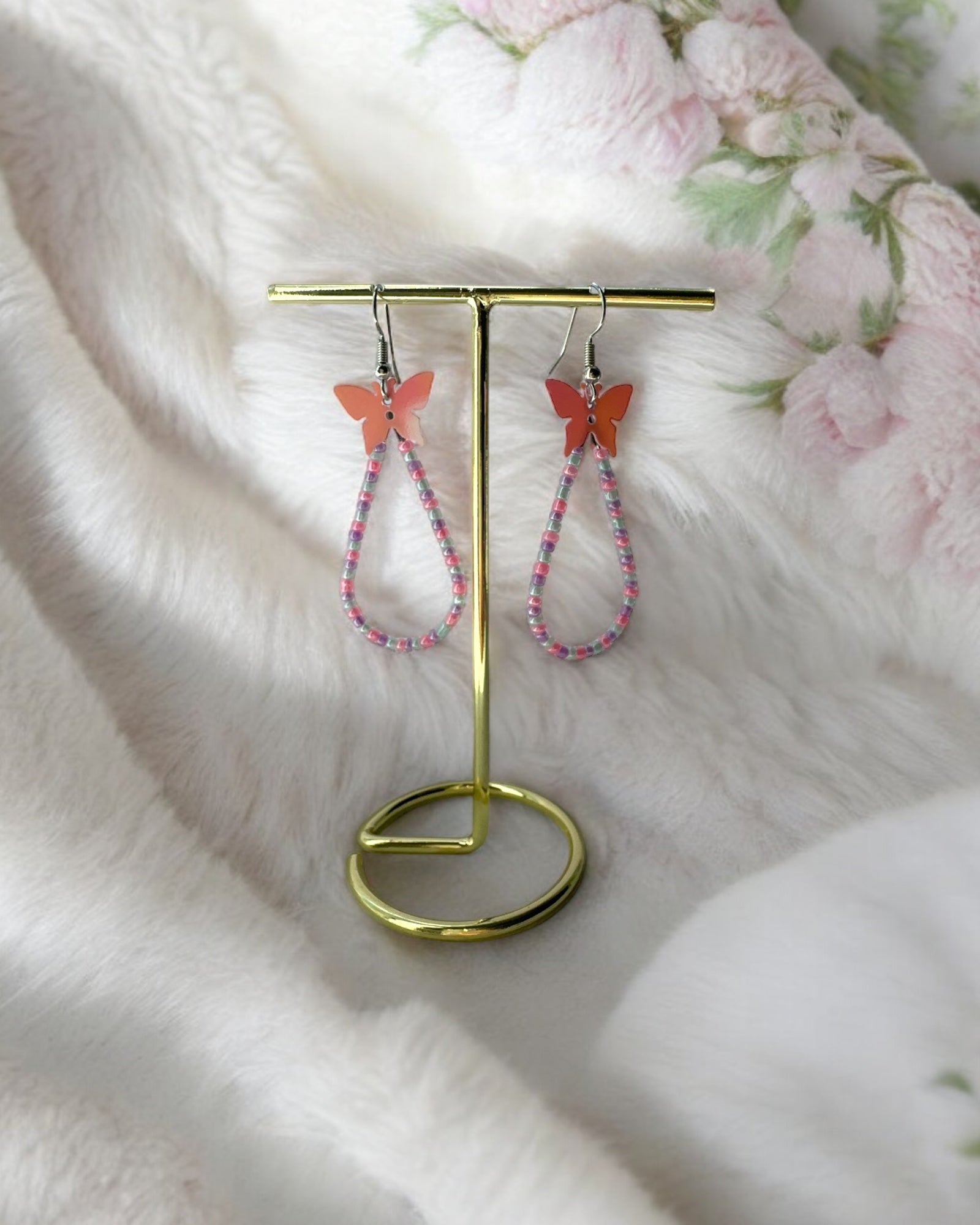 Frillmart Women's Beaded Hoop Earrings with Butterfly Charm - Pink, White, and Orange, Handcrafted Beads