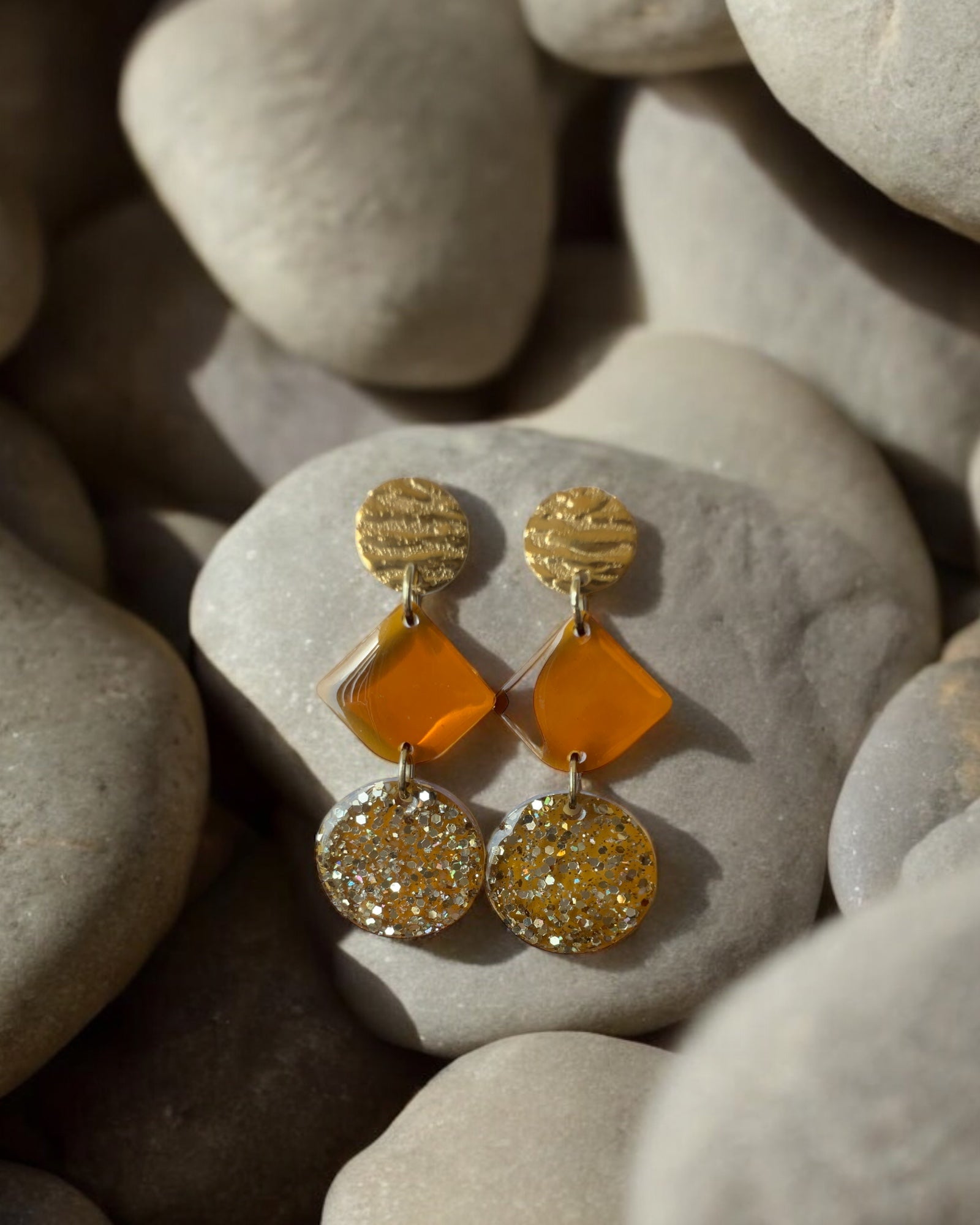 Frillmart Women's Statement Earrings with Textured Gold, Amber, and Glittering Resin Accents