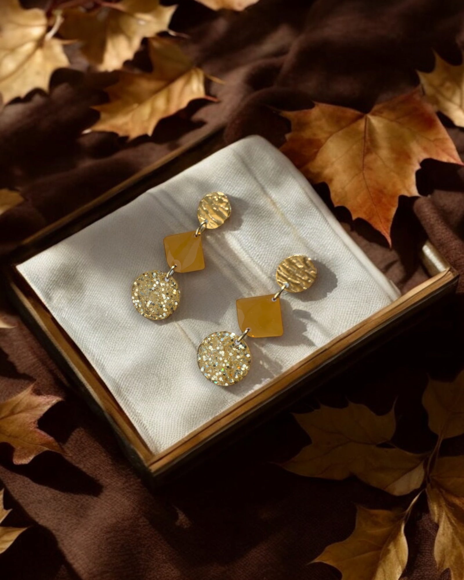 Frillmart Women's Statement Earrings with Textured Gold, Amber, and Glittering Resin Accents