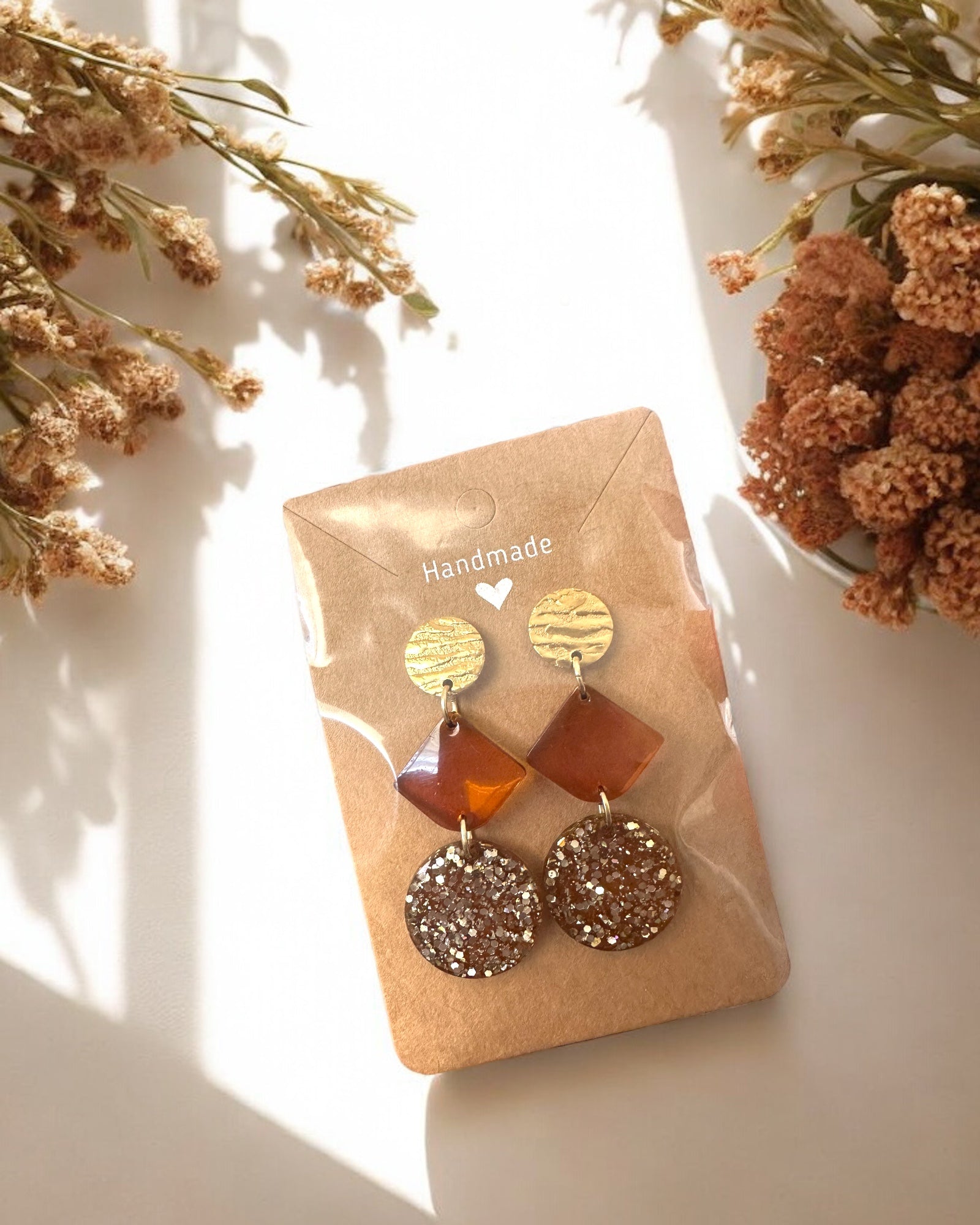 Frillmart Women's Statement Earrings with Textured Gold, Amber, and Glittering Resin Accents