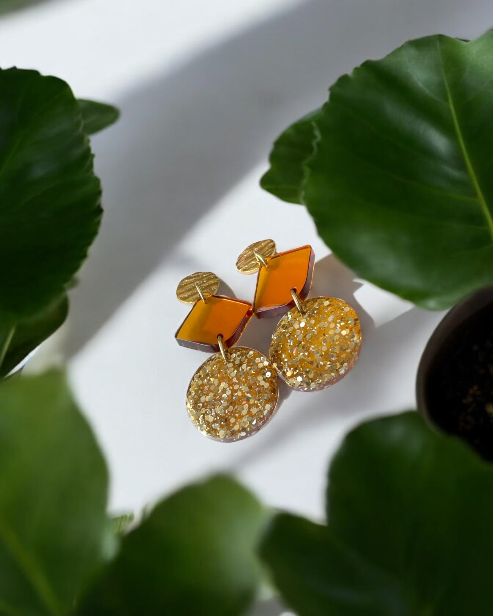 Frillmart Women's Statement Earrings with Textured Gold, Amber, and Glittering Resin Accents