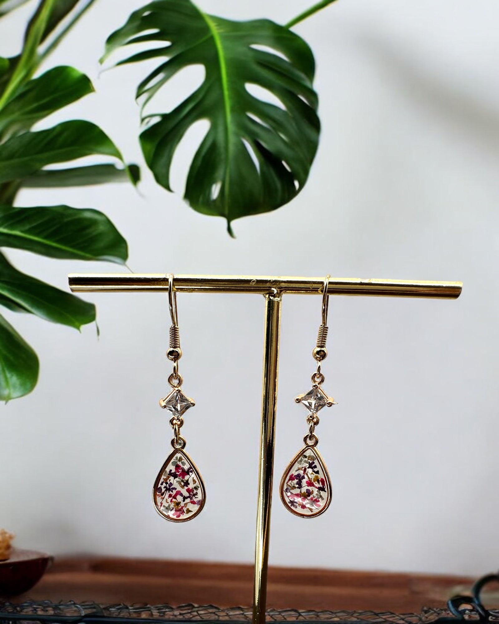 Frillmart Women's Dangle Earrings - Floral Resin Teardrop with Square CZ Stone, Gold, Multi-Color