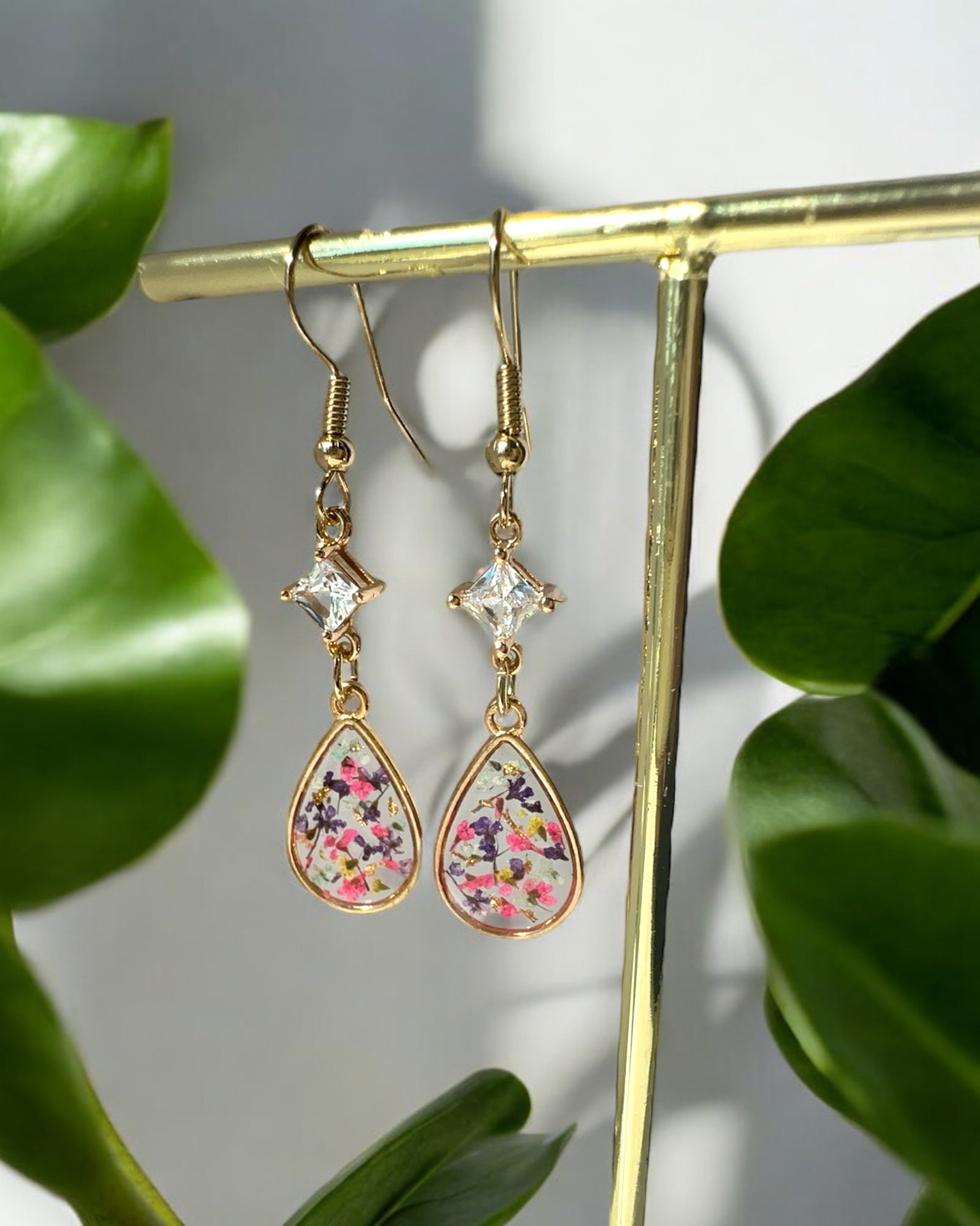 Frillmart Women's Dangle Earrings - Floral Resin Teardrop with Square CZ Stone, Gold, Multi-Color