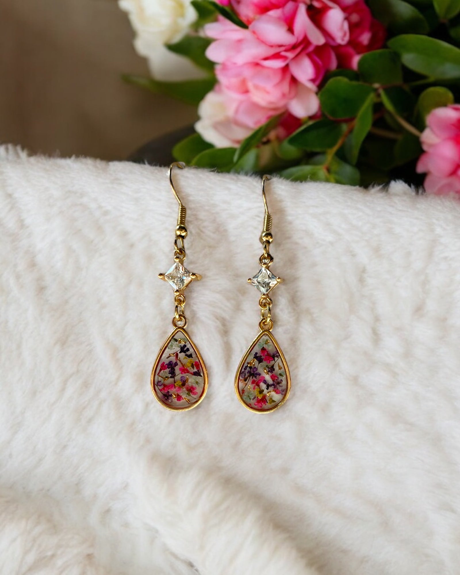 Frillmart Women's Dangle Earrings - Floral Resin Teardrop with Square CZ Stone, Gold, Multi-Color