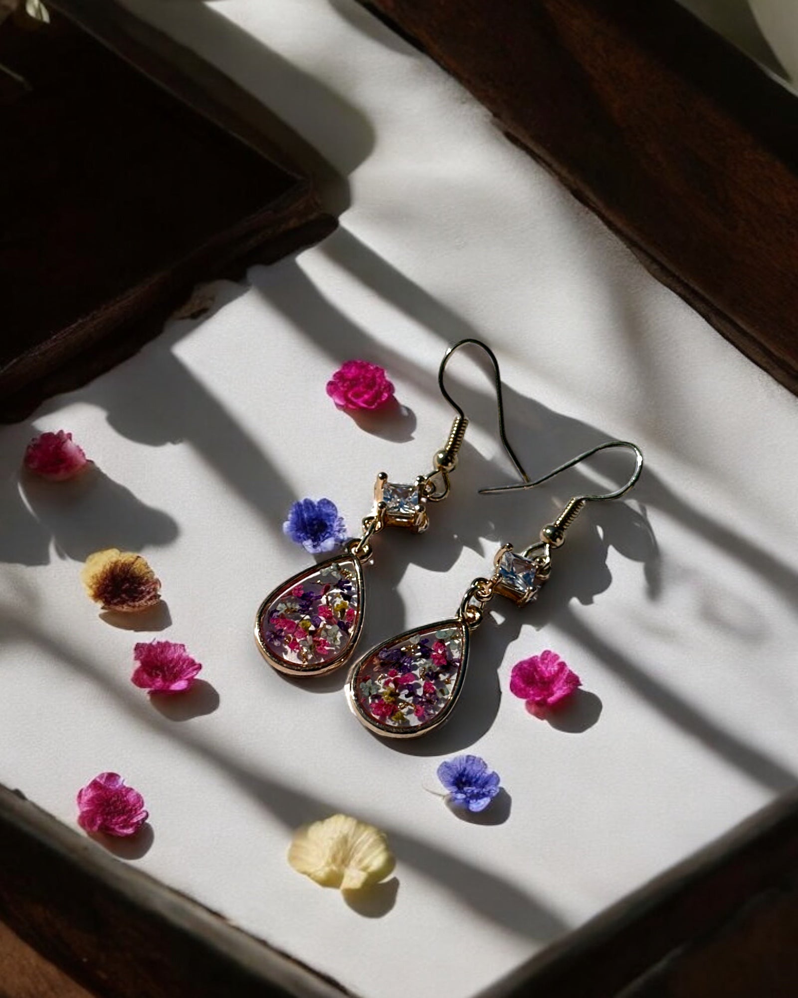 Frillmart Women's Dangle Earrings - Floral Resin Teardrop with Square CZ Stone, Gold, Multi-Color