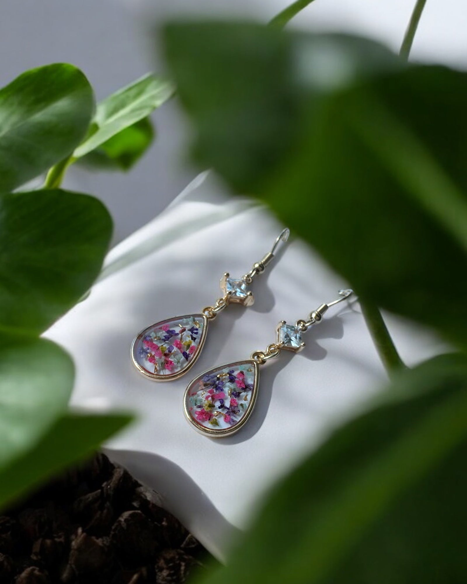 Frillmart Women's Dangle Earrings - Floral Resin Teardrop with Square CZ Stone, Gold, Multi-Color