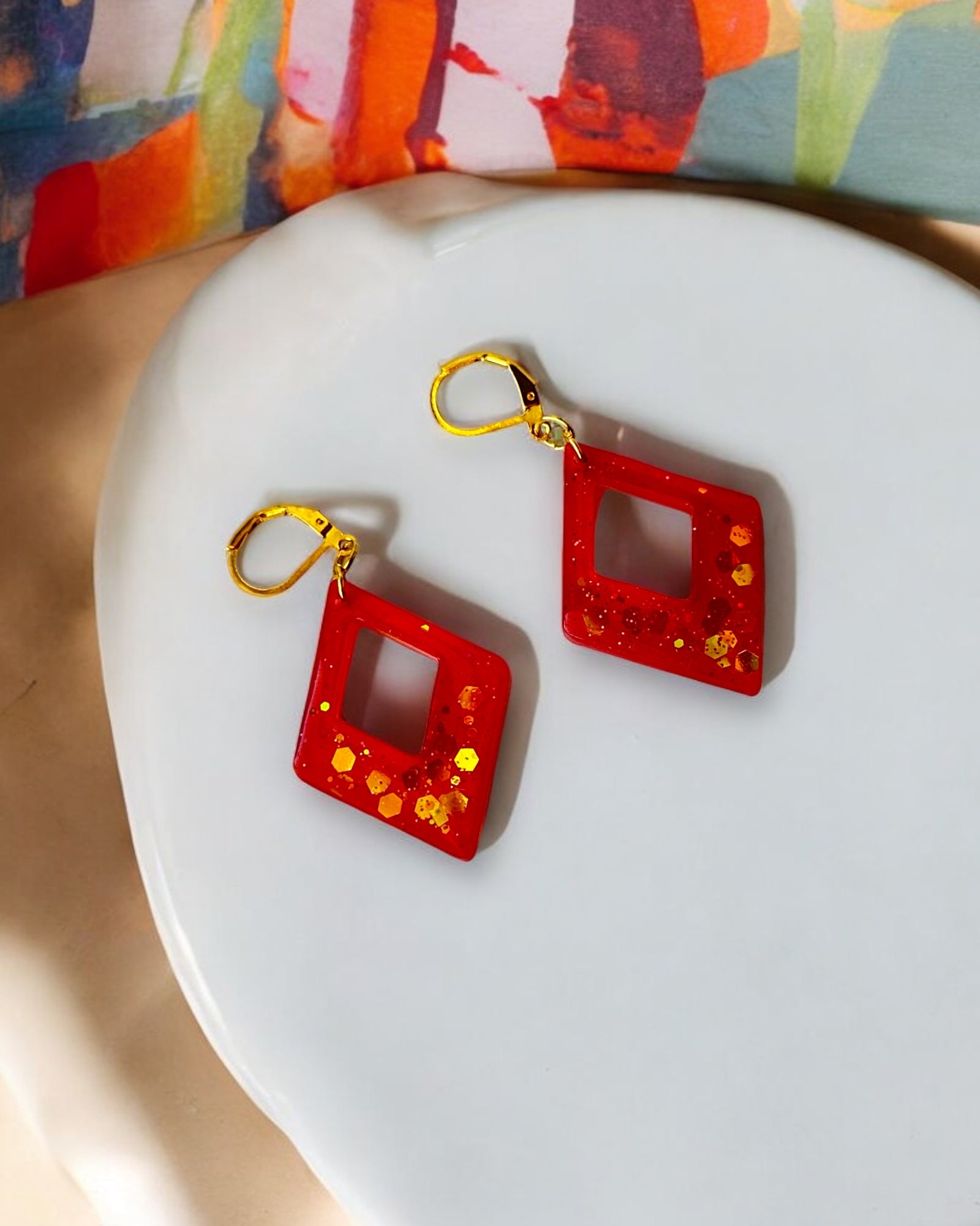 Frillmart Women's Red & Blue Spark Drop Hoop Earrings