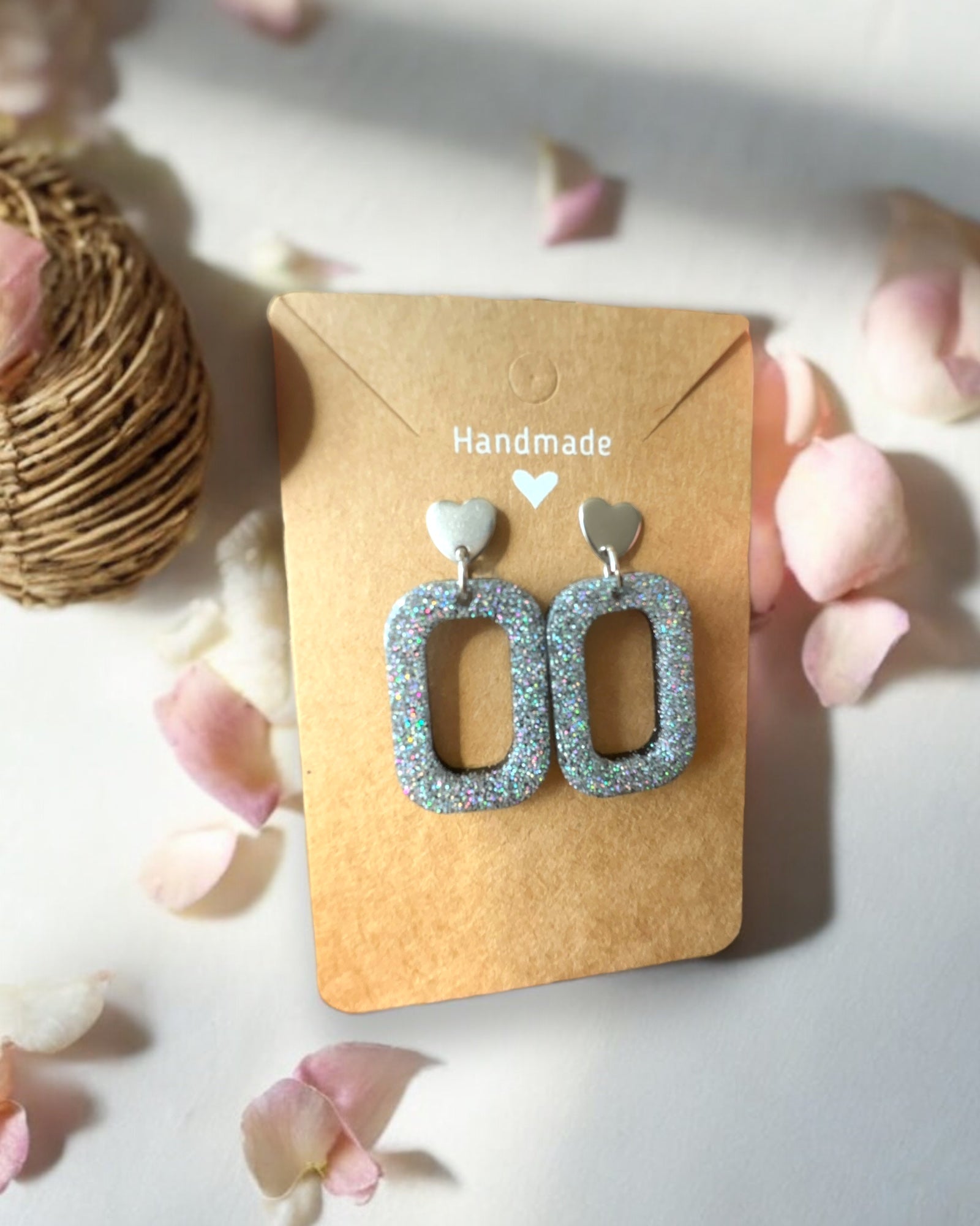 Frillmart Women's Glittering Silver Geometric Dangle Earrings with Heart Accent