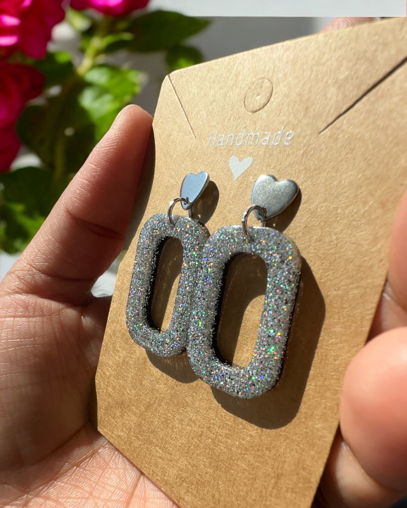 Frillmart Women's Glittering Silver Geometric Dangle Earrings with Heart Accent