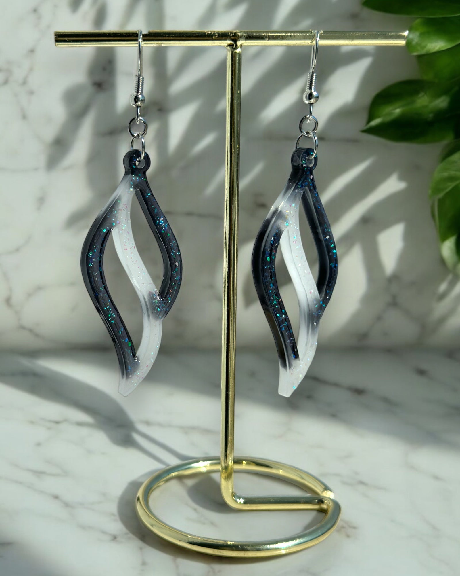Frillmart Women's Earrings - Iridescent Glitter, Blue and White Resin Swirl, Lightweight and Stylish Dangle Design