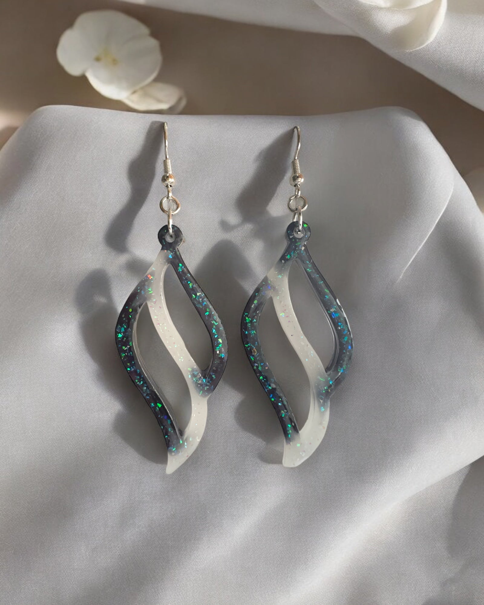 Frillmart Women's Earrings - Iridescent Glitter, Blue and White Resin Swirl, Lightweight and Stylish Dangle Design