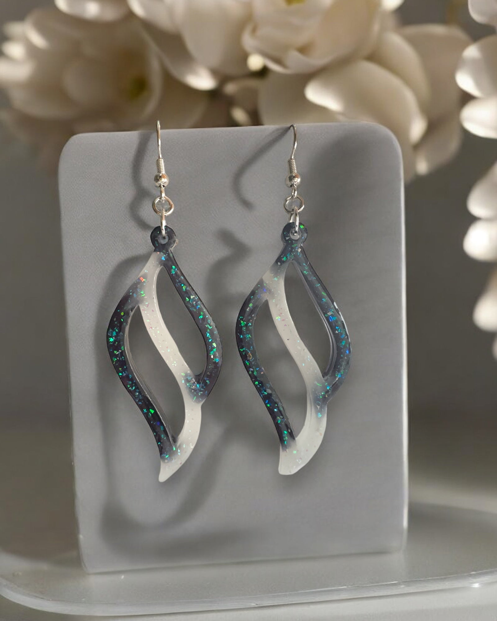 Frillmart Women's Earrings - Iridescent Glitter, Blue and White Resin Swirl, Lightweight and Stylish Dangle Design
