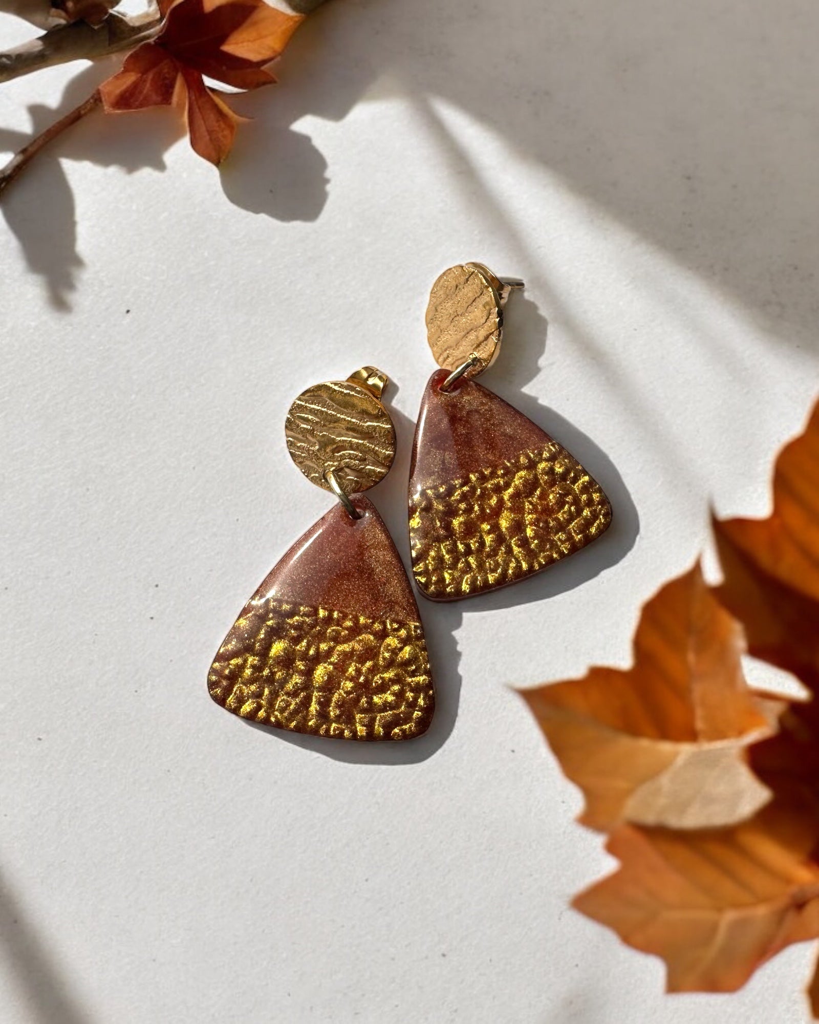 Frillmart Women's Handmade Resin Dangle Earrings with Textured Gold and Brown Geometric Design