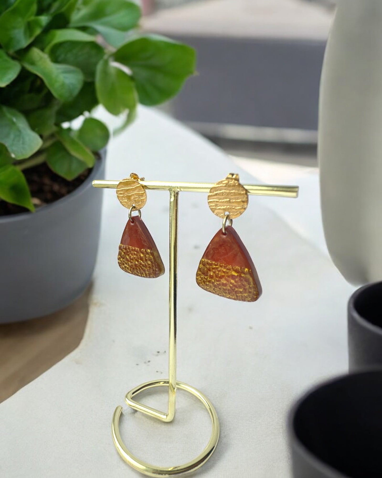 Frillmart Women's Handmade Resin Dangle Earrings with Textured Gold and Brown Geometric Design