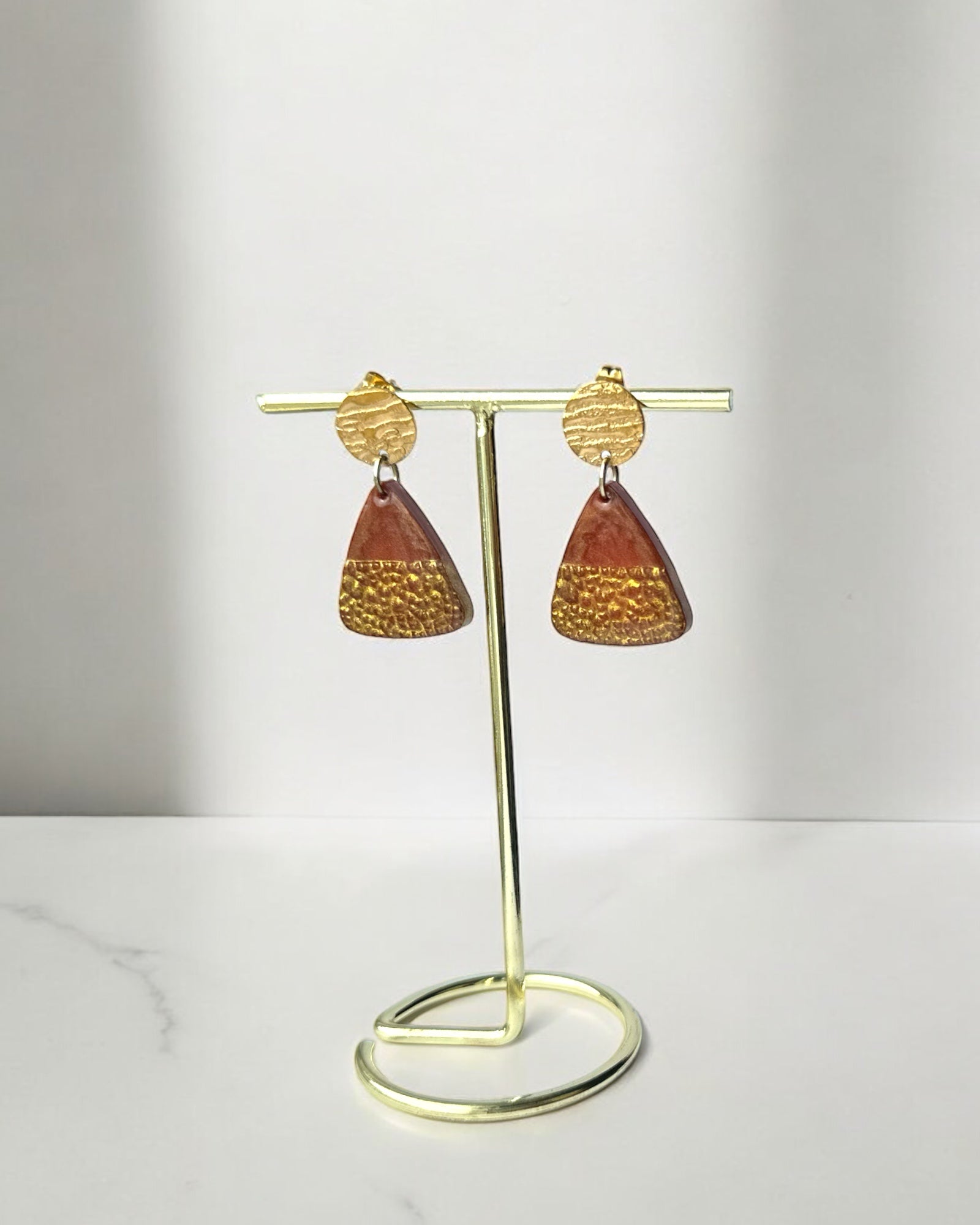 Frillmart Women's Handmade Resin Dangle Earrings with Textured Gold and Brown Geometric Design