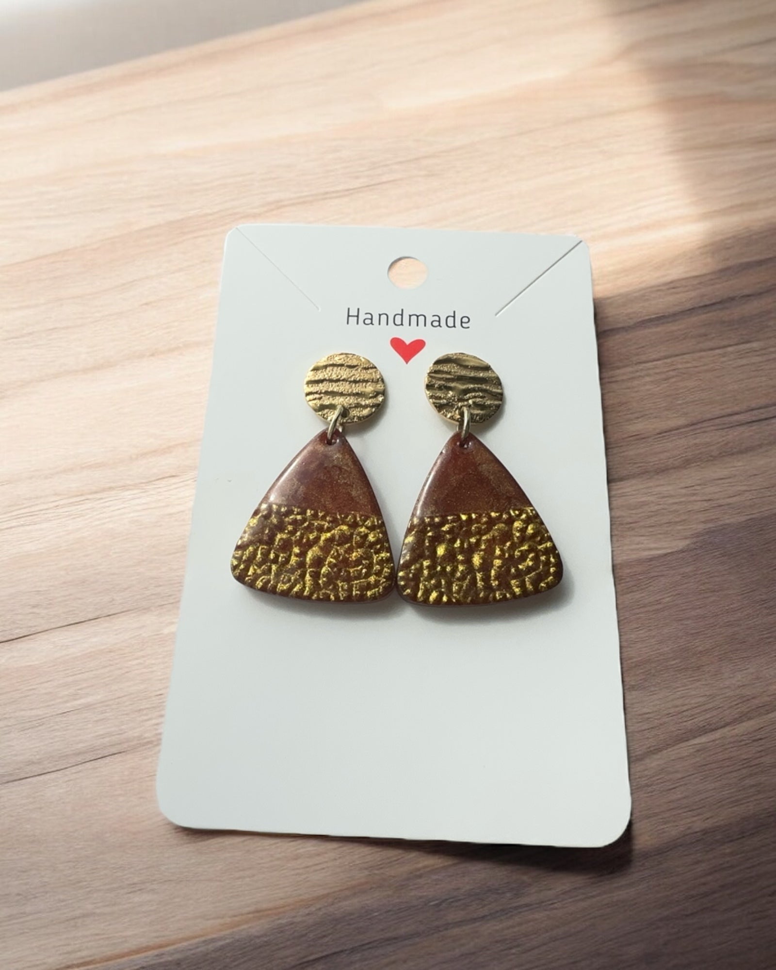 Frillmart Women's Handmade Resin Dangle Earrings with Textured Gold and Brown Geometric Design