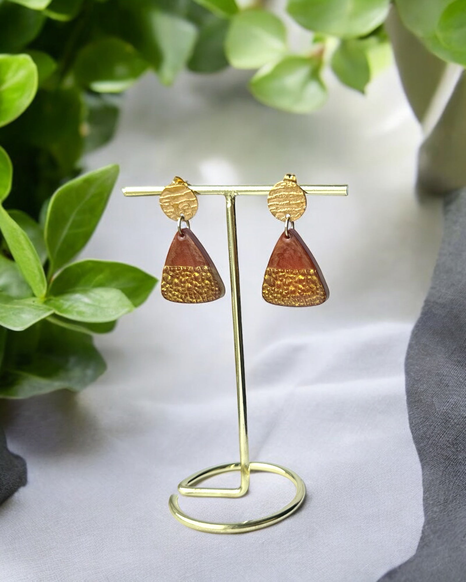 Frillmart Women's Handmade Resin Dangle Earrings with Textured Gold and Brown Geometric Design