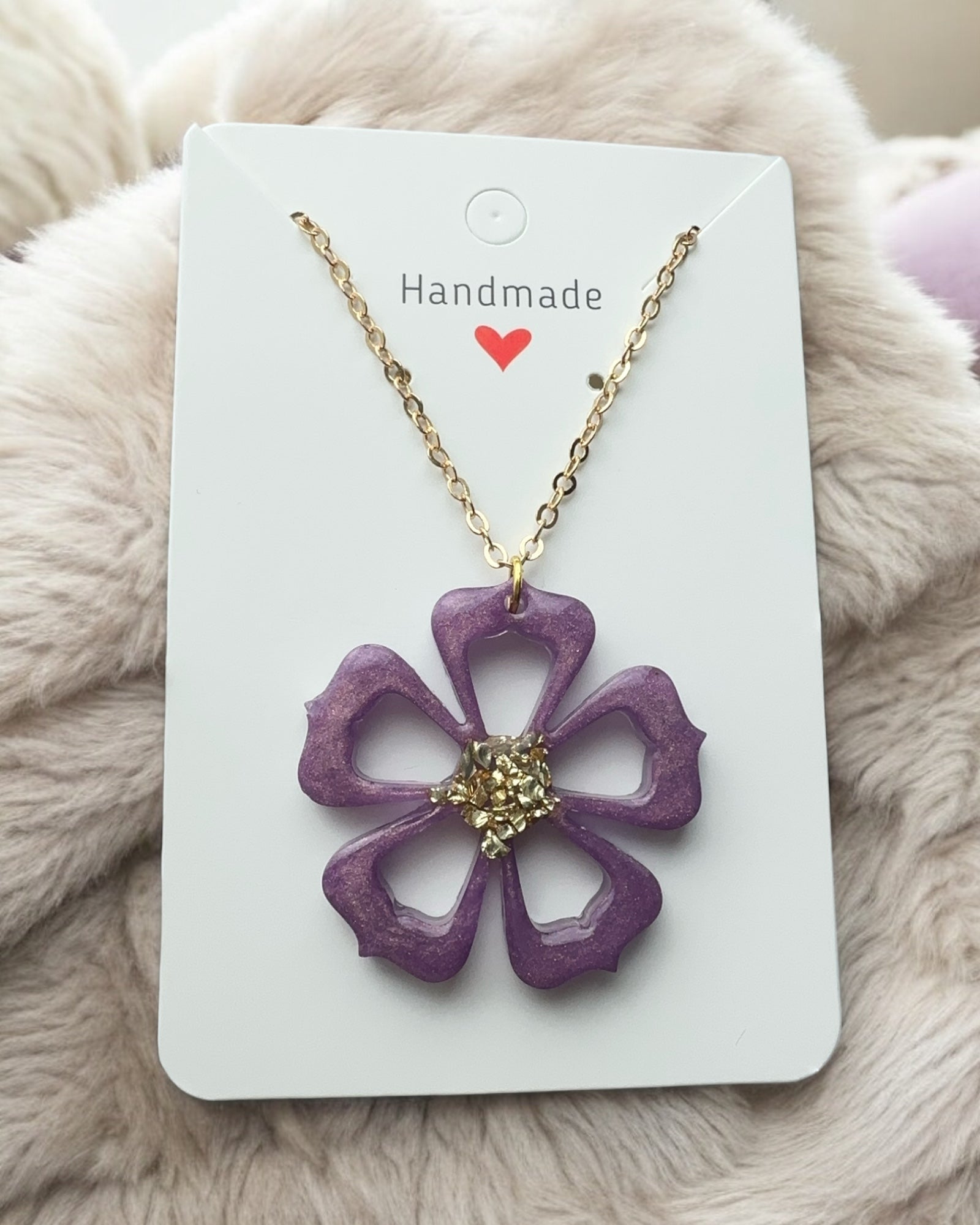 Frillmart Women's Resin Flower Pendant Necklace in Purple with Gold Center and Chain - Elegant 3D Floral Design